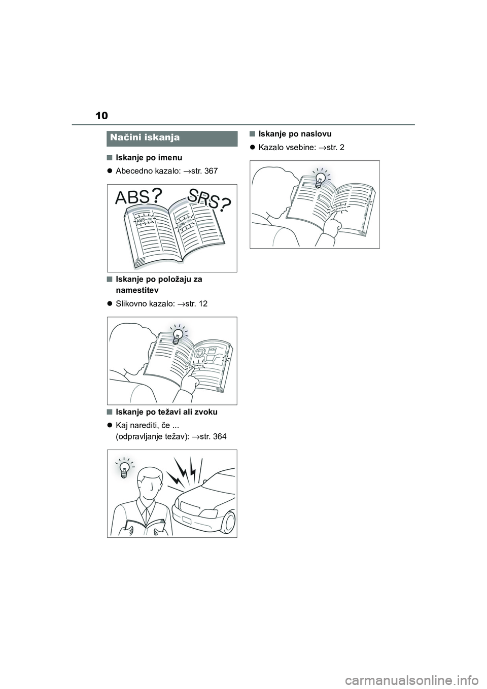 TOYOTA AYGO X 2022 Navodila Za Uporabo (in Slovenian) 10
Owners Manual_Europe_M99V08_en
nIskanje po imenu
Abecedno kazalo: →str. 367
nIskanje po položaju za
namestitev
Slikovno kazalo: →str. 12
nIskanje po težavi ali zvoku
Kaj narediti, TOYOTA AYGO X 2022 Navodila Za Uporabo (in Slovenian) 10
Owners Manual_Europe_M99V08_en
nIskanje po imenu
Abecedno kazalo: →str. 367
nIskanje po položaju za
namestitev
Slikovno kazalo: →str. 12
nIskanje po težavi ali zvoku
Kaj narediti,