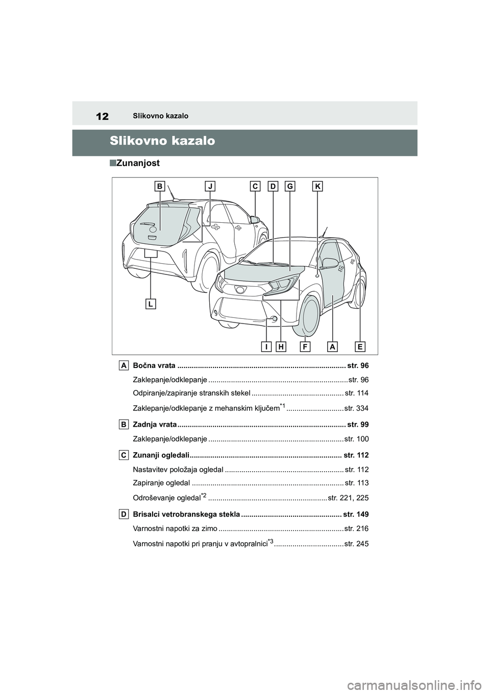 TOYOTA AYGO X 2022  Navodila Za Uporabo (in Slovenian) 12
Owners Manual_Europe_M99V08_en
Slikovno kazalo
Slikovno kazalo
nZunanjost
Bočna vrata .................................................................................. str. 96
Zaklepanje/odklepa