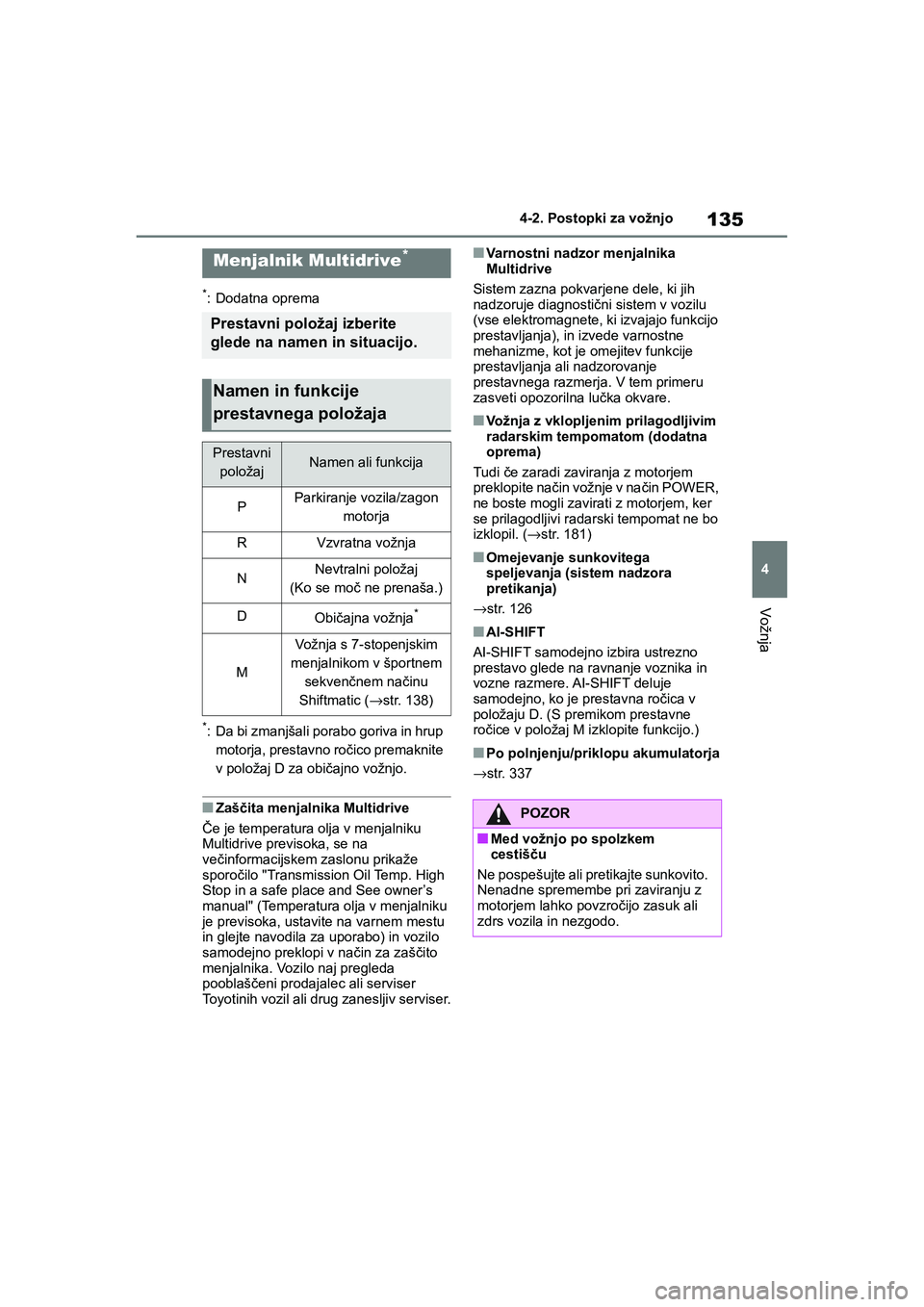TOYOTA AYGO X 2022 Navodila Za Uporabo (in Slovenian) 135
4
Owners Manual_Europe_M99V08_en
4-2. Postopki za vožnjo
Vožnja
*: Dodatna oprema
*: Da bi zmanjšali porabo goriva in hrup
motorja, prestavno ročico premaknite
v položaj D za običajno vo TOYOTA AYGO X 2022 Navodila Za Uporabo (in Slovenian) 135
4
Owners Manual_Europe_M99V08_en
4-2. Postopki za vožnjo
Vožnja
*: Dodatna oprema
*: Da bi zmanjšali porabo goriva in hrup
motorja, prestavno ročico premaknite
v položaj D za običajno vo