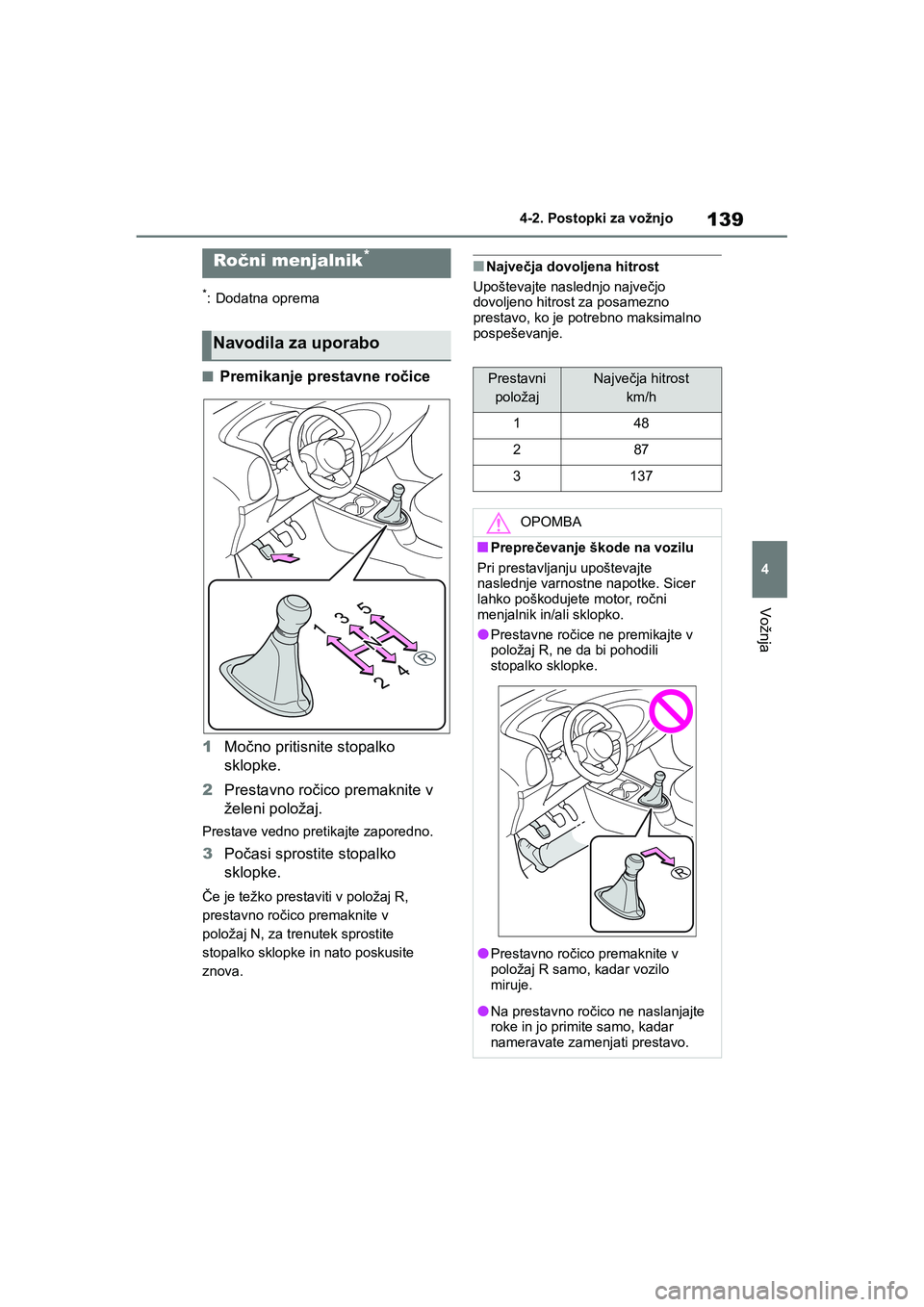 TOYOTA AYGO X 2022 Navodila Za Uporabo (in Slovenian) 139
4
Owners Manual_Europe_M99V08_en
4-2. Postopki za vožnjo
Vožnja
*: Dodatna oprema
nPremikanje prestavne ročice
1Močno pritisnite stopalko
sklopke.
2Prestavno ročico premaknite v
želeni po TOYOTA AYGO X 2022 Navodila Za Uporabo (in Slovenian) 139
4
Owners Manual_Europe_M99V08_en
4-2. Postopki za vožnjo
Vožnja
*: Dodatna oprema
nPremikanje prestavne ročice
1Močno pritisnite stopalko
sklopke.
2Prestavno ročico premaknite v
želeni po