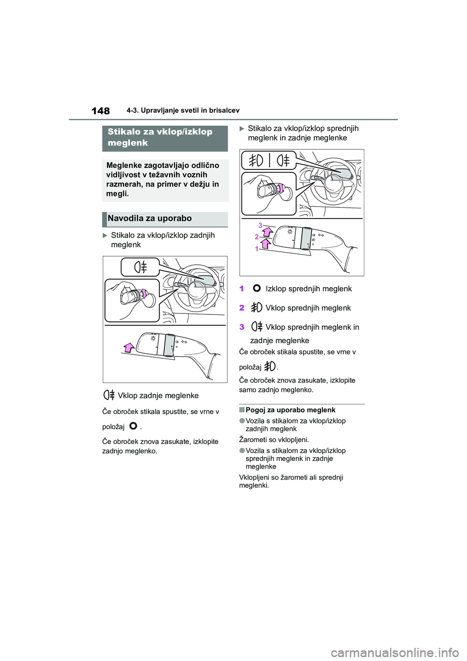 TOYOTA AYGO X 2022 Navodila Za Uporabo (in Slovenian) 148
Owners Manual_Europe_M99V08_en
4-3. Upravljanje svetil in brisalcev
Stikalo za vklop/izklop zadnjih
meglenk
Vklop zadnje meglenke
Če obroček stikala spustite, se vrne v
položaj .
Če obr TOYOTA AYGO X 2022 Navodila Za Uporabo (in Slovenian) 148
Owners Manual_Europe_M99V08_en
4-3. Upravljanje svetil in brisalcev
Stikalo za vklop/izklop zadnjih
meglenk
Vklop zadnje meglenke
Če obroček stikala spustite, se vrne v
položaj .
Če obr