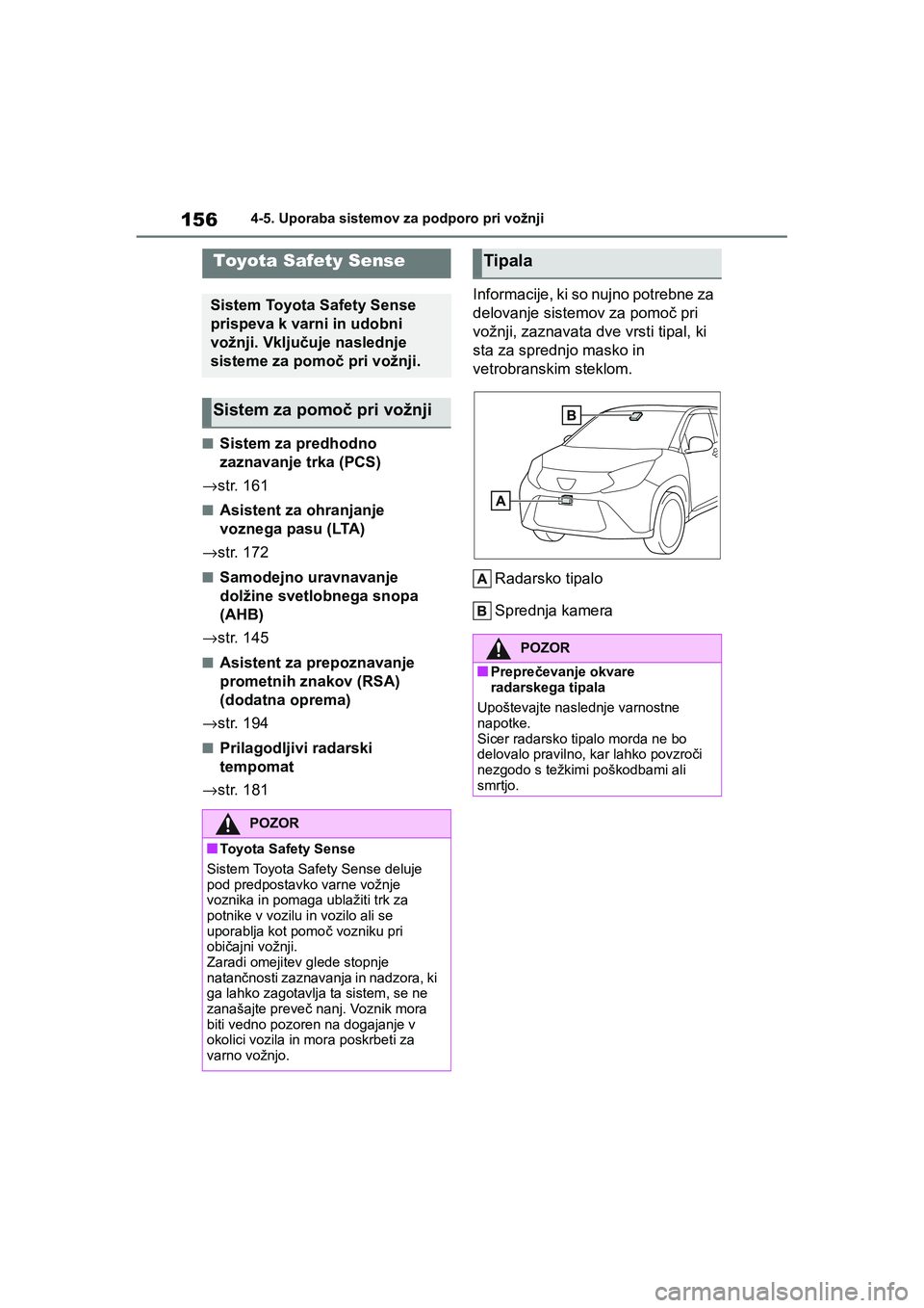 TOYOTA AYGO X 2022 Navodila Za Uporabo (in Slovenian) 156
Owners Manual_Europe_M99V08_en
4-5. Uporaba sistemov za podporo pri vožnji
4-5.Uporaba sistemov za podporo pri vožnji
nSistem za predhodno
zaznavanje trka (PCS)
→str. 161
nAsistent za ohranj TOYOTA AYGO X 2022 Navodila Za Uporabo (in Slovenian) 156
Owners Manual_Europe_M99V08_en
4-5. Uporaba sistemov za podporo pri vožnji
4-5.Uporaba sistemov za podporo pri vožnji
nSistem za predhodno
zaznavanje trka (PCS)
→str. 161
nAsistent za ohranj