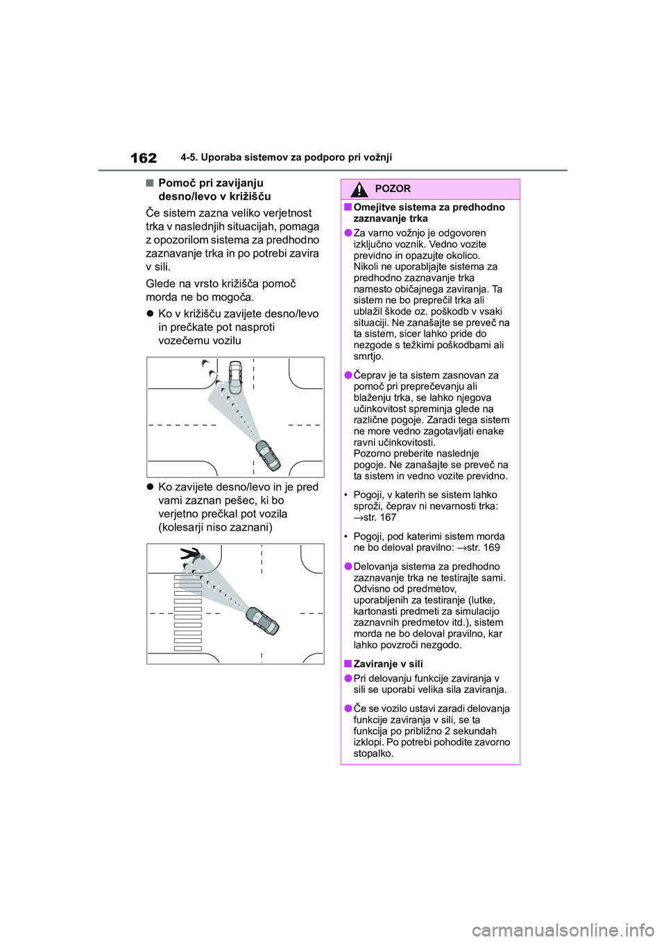 TOYOTA AYGO X 2022  Navodila Za Uporabo (in Slovenian) 162
Owners Manual_Europe_M99V08_en
4-5. Uporaba sistemov za podporo pri vožnji
nPomoč pri zavijanju 
desno/levo v križišču
Če sistem zazna veliko verjetnost 
trka v naslednjih situacijah, pomag