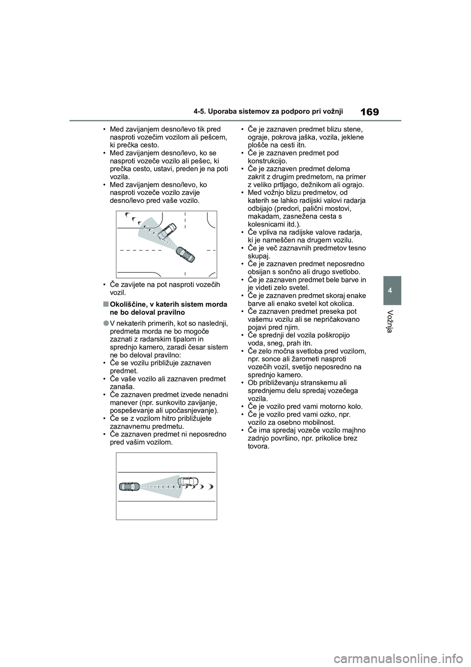 TOYOTA AYGO X 2022 Navodila Za Uporabo (in Slovenian) 169
4
Owners Manual_Europe_M99V08_en
4-5. Uporaba sistemov za podporo pri vožnji
Vožnja
• Med zavijanjem desno/levo tik pred
nasproti vozečim vozilom ali pešcem,
ki prečka cesto.
• Med zav TOYOTA AYGO X 2022 Navodila Za Uporabo (in Slovenian) 169
4
Owners Manual_Europe_M99V08_en
4-5. Uporaba sistemov za podporo pri vožnji
Vožnja
• Med zavijanjem desno/levo tik pred
nasproti vozečim vozilom ali pešcem,
ki prečka cesto.
• Med zav