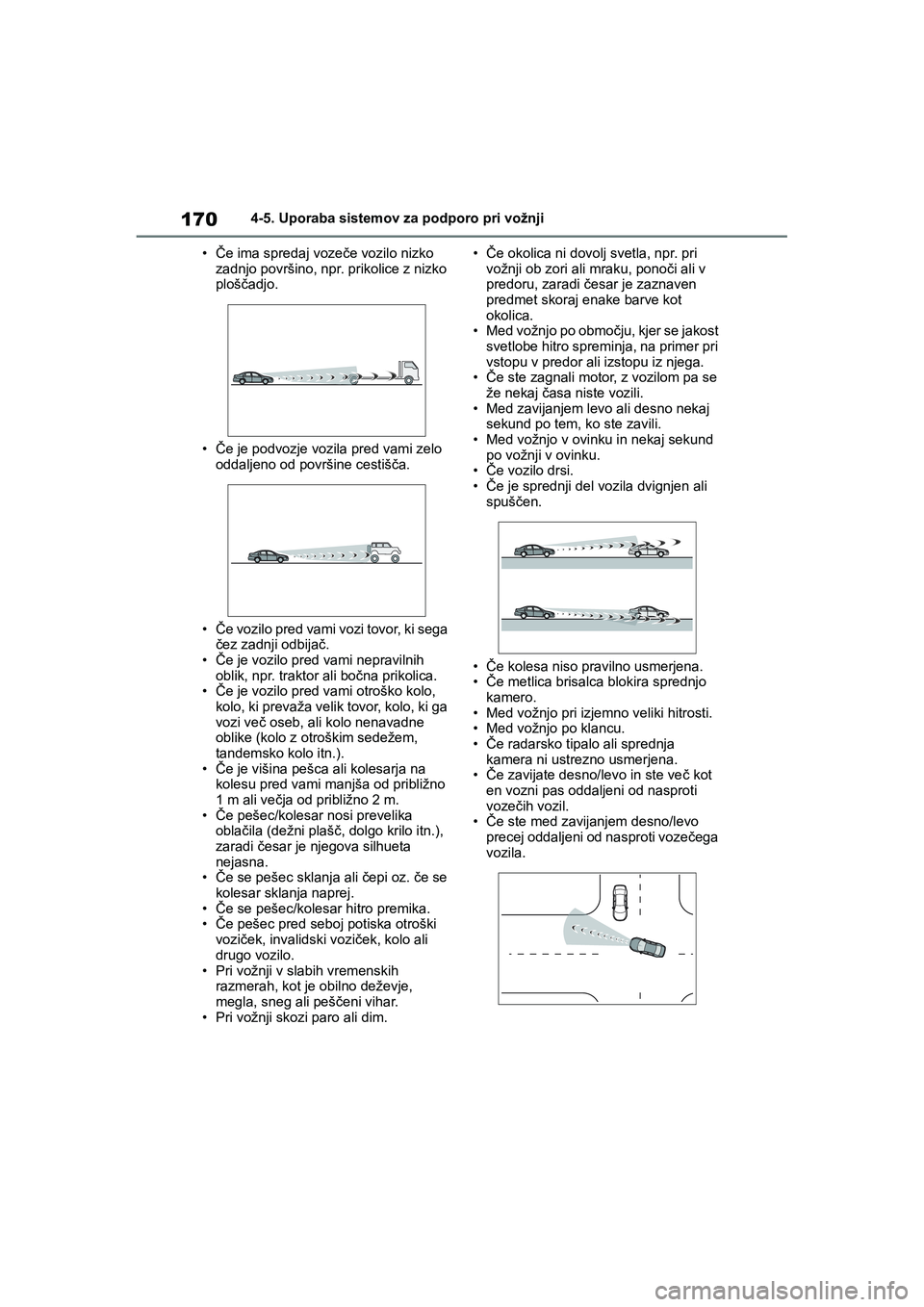 TOYOTA AYGO X 2022 Navodila Za Uporabo (in Slovenian) 170
Owners Manual_Europe_M99V08_en
4-5. Uporaba sistemov za podporo pri vožnji
•Če ima spredaj vozeče vozilo nizko
zadnjo površino, npr. prikolice z nizko
ploščadjo.
•Če je podvozje vozi TOYOTA AYGO X 2022 Navodila Za Uporabo (in Slovenian) 170
Owners Manual_Europe_M99V08_en
4-5. Uporaba sistemov za podporo pri vožnji
•Če ima spredaj vozeče vozilo nizko
zadnjo površino, npr. prikolice z nizko
ploščadjo.
•Če je podvozje vozi
