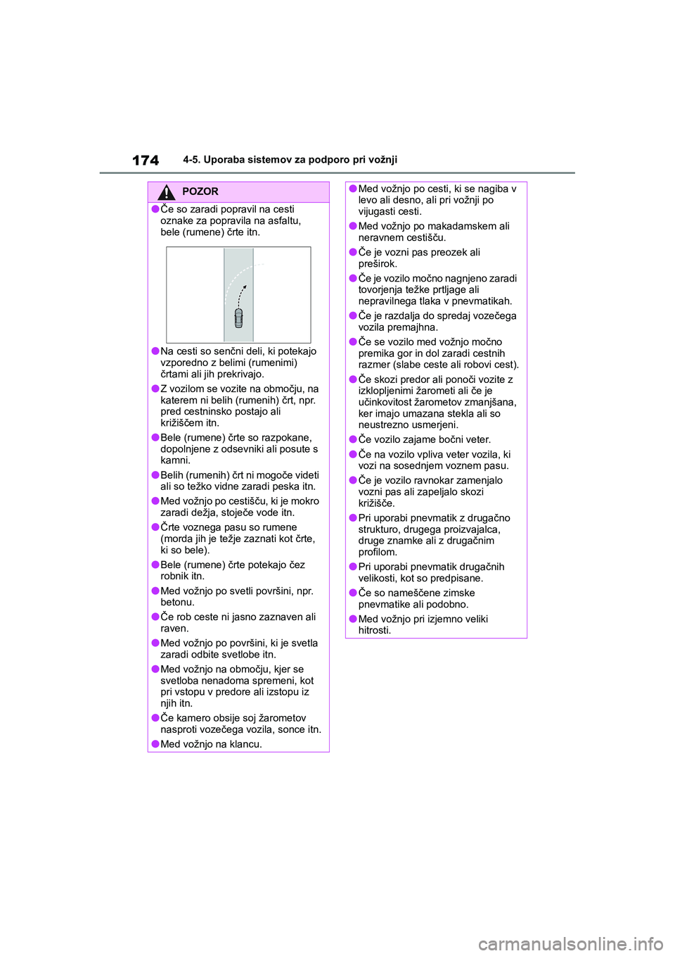 TOYOTA AYGO X 2022 Navodila Za Uporabo (in Slovenian) 174
Owners Manual_Europe_M99V08_en
4-5. Uporaba sistemov za podporo pri vožnji
POZOR
lČe so zaradi popravil na cesti
oznake za popravila na asfaltu,
bele (rumene) črte itn.
lNa cesti so senčni TOYOTA AYGO X 2022 Navodila Za Uporabo (in Slovenian) 174
Owners Manual_Europe_M99V08_en
4-5. Uporaba sistemov za podporo pri vožnji
POZOR
lČe so zaradi popravil na cesti
oznake za popravila na asfaltu,
bele (rumene) črte itn.
lNa cesti so senčni