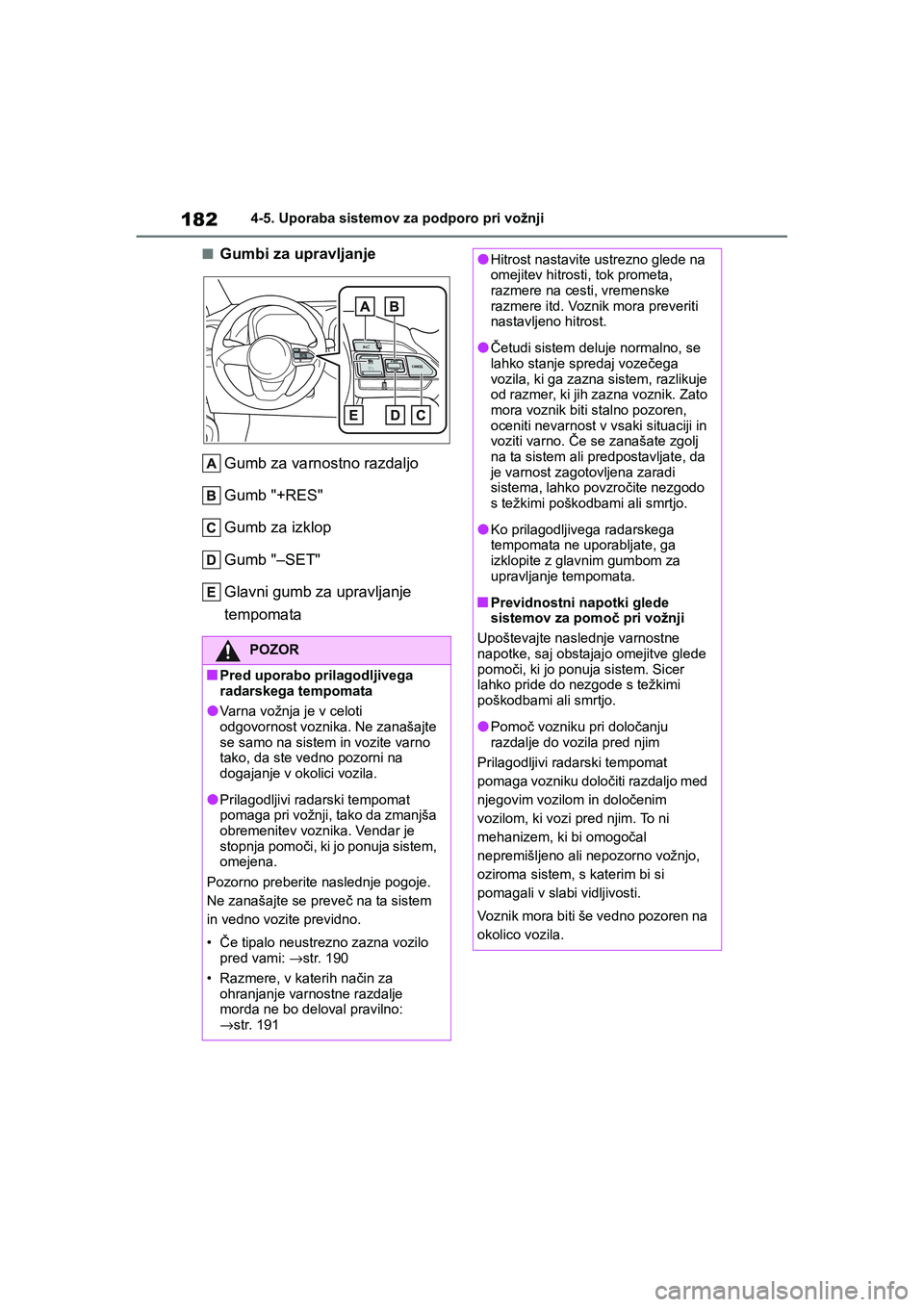 TOYOTA AYGO X 2022 Navodila Za Uporabo (in Slovenian) 182
Owners Manual_Europe_M99V08_en
4-5. Uporaba sistemov za podporo pri vožnji
nGumbi za upravljanje
Gumb za varnostno razdaljo
Gumb "+RES"
Gumb za izklop
Gumb "–SET"
Glavni gumb za upravljanje
t TOYOTA AYGO X 2022 Navodila Za Uporabo (in Slovenian) 182
Owners Manual_Europe_M99V08_en
4-5. Uporaba sistemov za podporo pri vožnji
nGumbi za upravljanje
Gumb za varnostno razdaljo
Gumb "+RES"
Gumb za izklop
Gumb "–SET"
Glavni gumb za upravljanje
t
