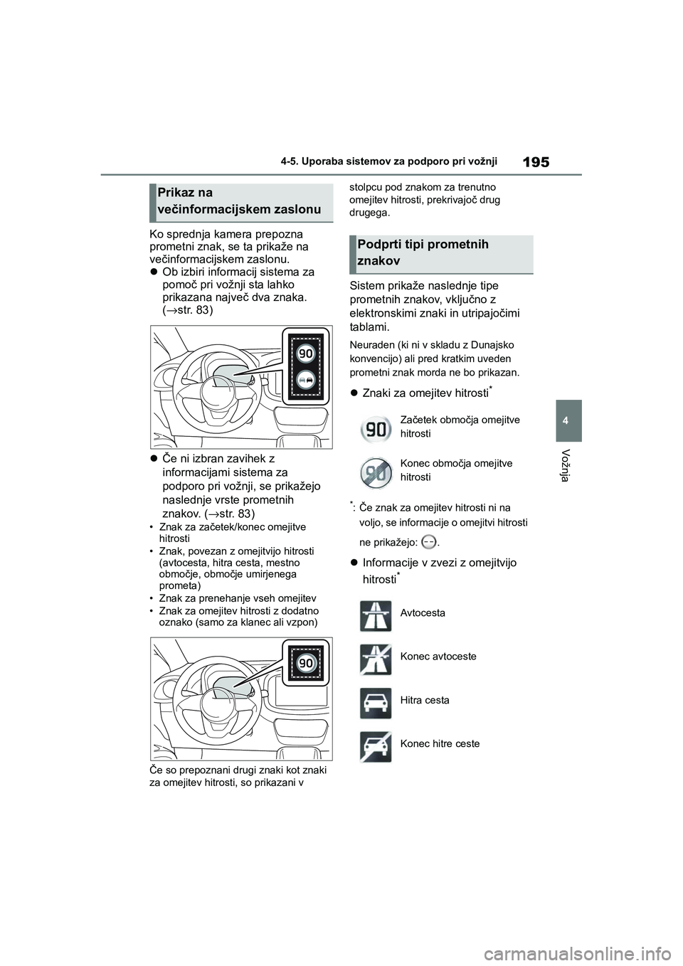 TOYOTA AYGO X 2022 Navodila Za Uporabo (in Slovenian) 195
4
Owners Manual_Europe_M99V08_en
4-5. Uporaba sistemov za podporo pri vožnji
Vožnja
Ko sprednja kamera prepozna
prometni znak, se ta prikaže na
večinformacijskem zaslonu.
Ob izbiri infor TOYOTA AYGO X 2022 Navodila Za Uporabo (in Slovenian) 195
4
Owners Manual_Europe_M99V08_en
4-5. Uporaba sistemov za podporo pri vožnji
Vožnja
Ko sprednja kamera prepozna
prometni znak, se ta prikaže na
večinformacijskem zaslonu.
Ob izbiri infor