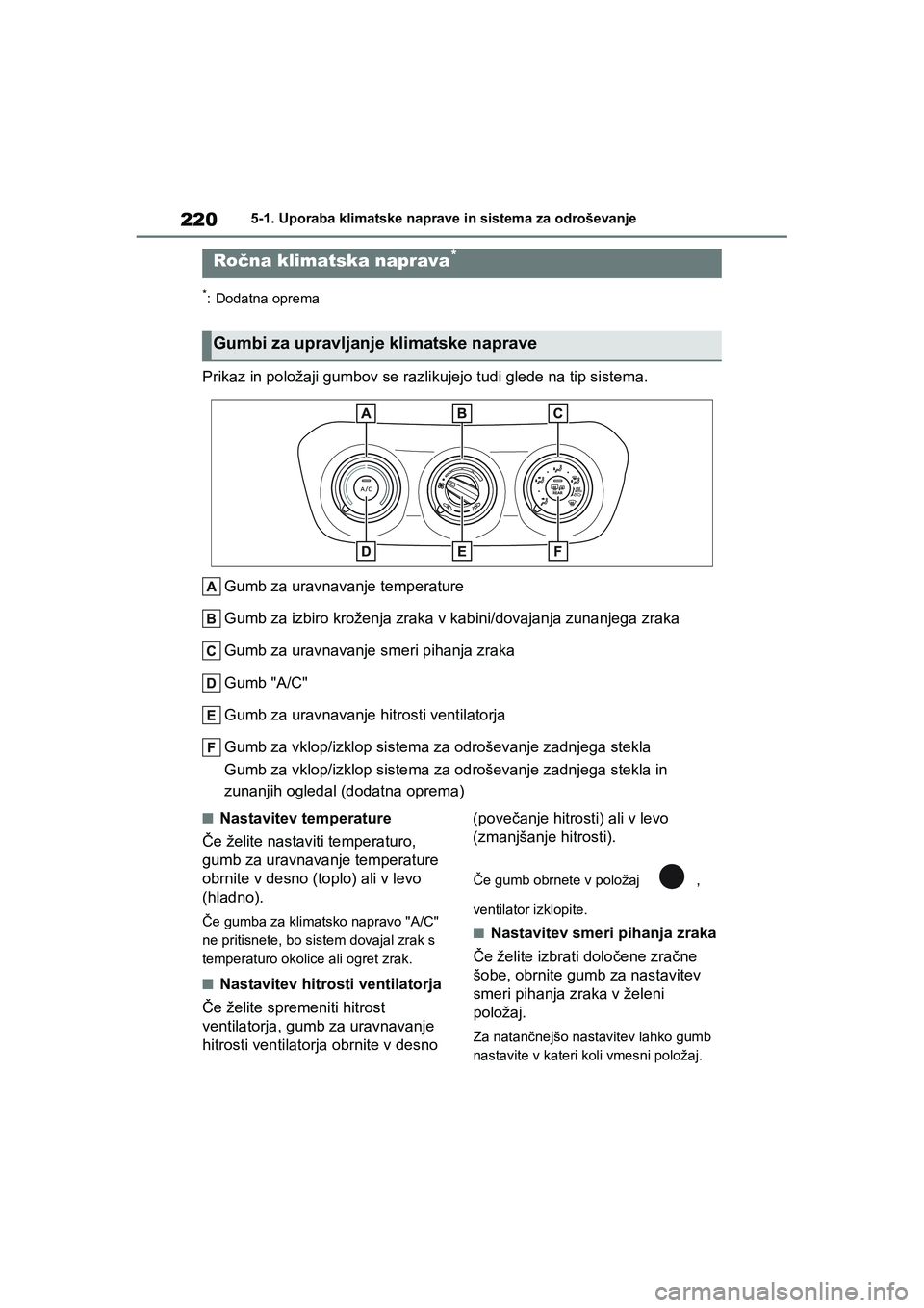 TOYOTA AYGO X 2022 Navodila Za Uporabo (in Slovenian) 220
Owners Manual_Europe_M99V08_en
5-1. Uporaba klimatske naprave in sistema za odroševanje
5-1.Uporaba klimatske naprave in sistema za odroševanje
*: Dodatna oprema
Prikaz in položaji gumbov se r TOYOTA AYGO X 2022 Navodila Za Uporabo (in Slovenian) 220
Owners Manual_Europe_M99V08_en
5-1. Uporaba klimatske naprave in sistema za odroševanje
5-1.Uporaba klimatske naprave in sistema za odroševanje
*: Dodatna oprema
Prikaz in položaji gumbov se r