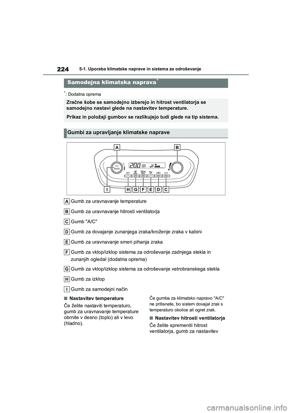 TOYOTA AYGO X 2022 Navodila Za Uporabo (in Slovenian) 224
Owners Manual_Europe_M99V08_en
5-1. Uporaba klimatske naprave in sistema za odroševanje
*: Dodatna oprema
Gumb za uravnavanje temperature
Gumb za uravnavanje hitrosti ventilatorja
Gumb "A/C"
Gum TOYOTA AYGO X 2022 Navodila Za Uporabo (in Slovenian) 224
Owners Manual_Europe_M99V08_en
5-1. Uporaba klimatske naprave in sistema za odroševanje
*: Dodatna oprema
Gumb za uravnavanje temperature
Gumb za uravnavanje hitrosti ventilatorja
Gumb "A/C"
Gum