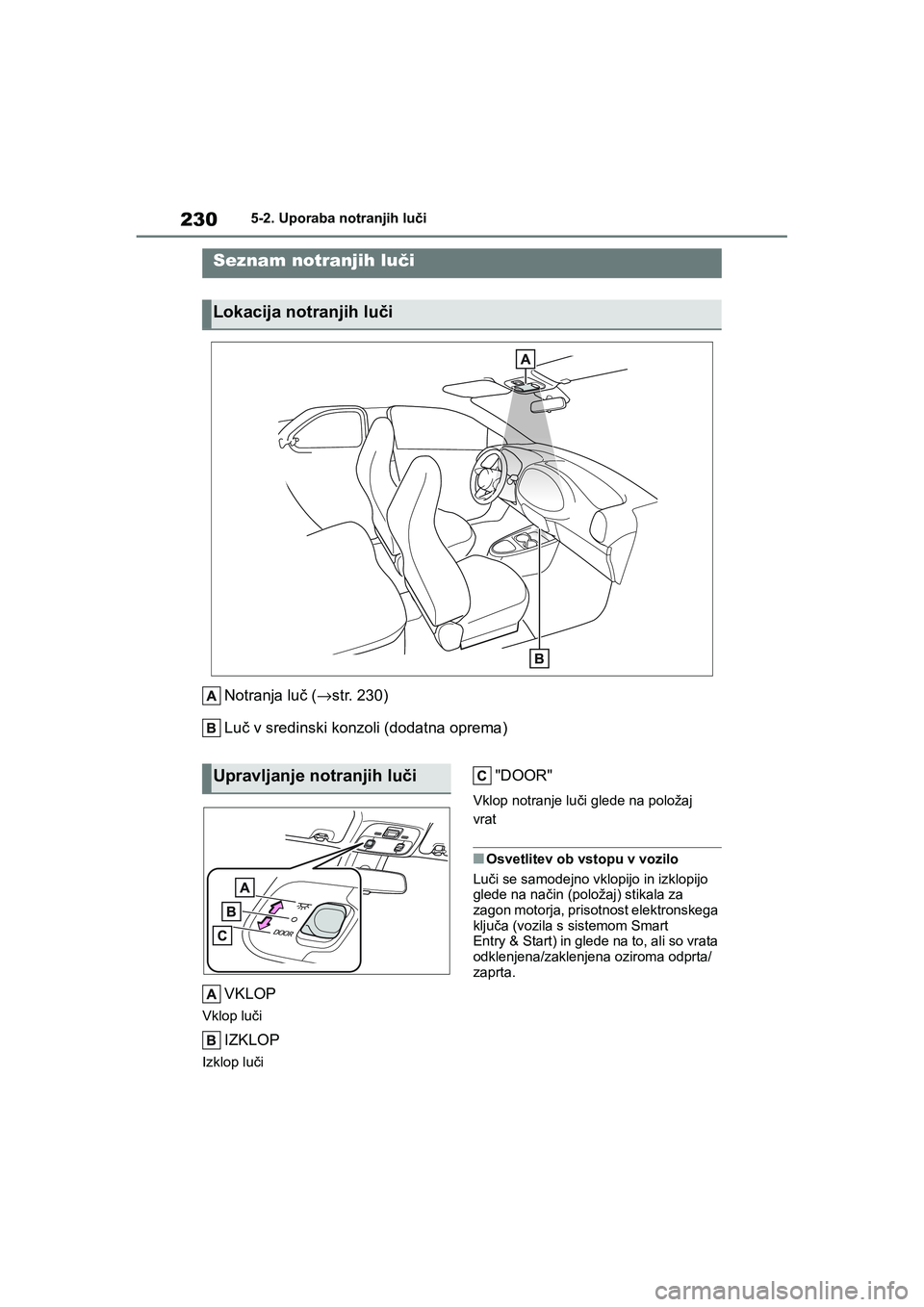 TOYOTA AYGO X 2022 Navodila Za Uporabo (in Slovenian) 230
Owners Manual_Europe_M99V08_en
5-2. Uporaba notranjih luči
5-2.Uporaba notranjih luči
Notranja luč (→str. 230)
Luč v sredinski konzoli (dodatna oprema)
VKLOP
Vklop luči
IZKLOP
Izklop luči TOYOTA AYGO X 2022 Navodila Za Uporabo (in Slovenian) 230
Owners Manual_Europe_M99V08_en
5-2. Uporaba notranjih luči
5-2.Uporaba notranjih luči
Notranja luč (→str. 230)
Luč v sredinski konzoli (dodatna oprema)
VKLOP
Vklop luči
IZKLOP
Izklop luči