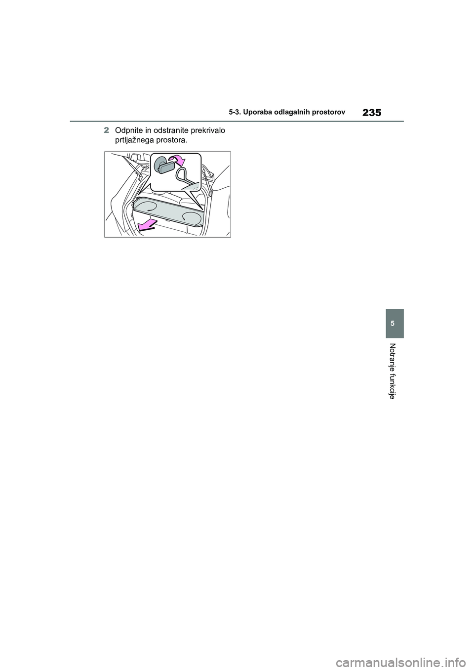 TOYOTA AYGO X 2022 Navodila Za Uporabo (in Slovenian) 235
5
Owners Manual_Europe_M99V08_en
5-3. Uporaba odlagalnih prostorov
Notranje funkcije
2Odpnite in odstranite prekrivalo
prtljažnega prostora.
Aygo_X_OM_Europe_OM99V08E.book Page 235 Tuesday, M TOYOTA AYGO X 2022 Navodila Za Uporabo (in Slovenian) 235
5
Owners Manual_Europe_M99V08_en
5-3. Uporaba odlagalnih prostorov
Notranje funkcije
2Odpnite in odstranite prekrivalo
prtljažnega prostora.
Aygo_X_OM_Europe_OM99V08E.book Page 235 Tuesday, M