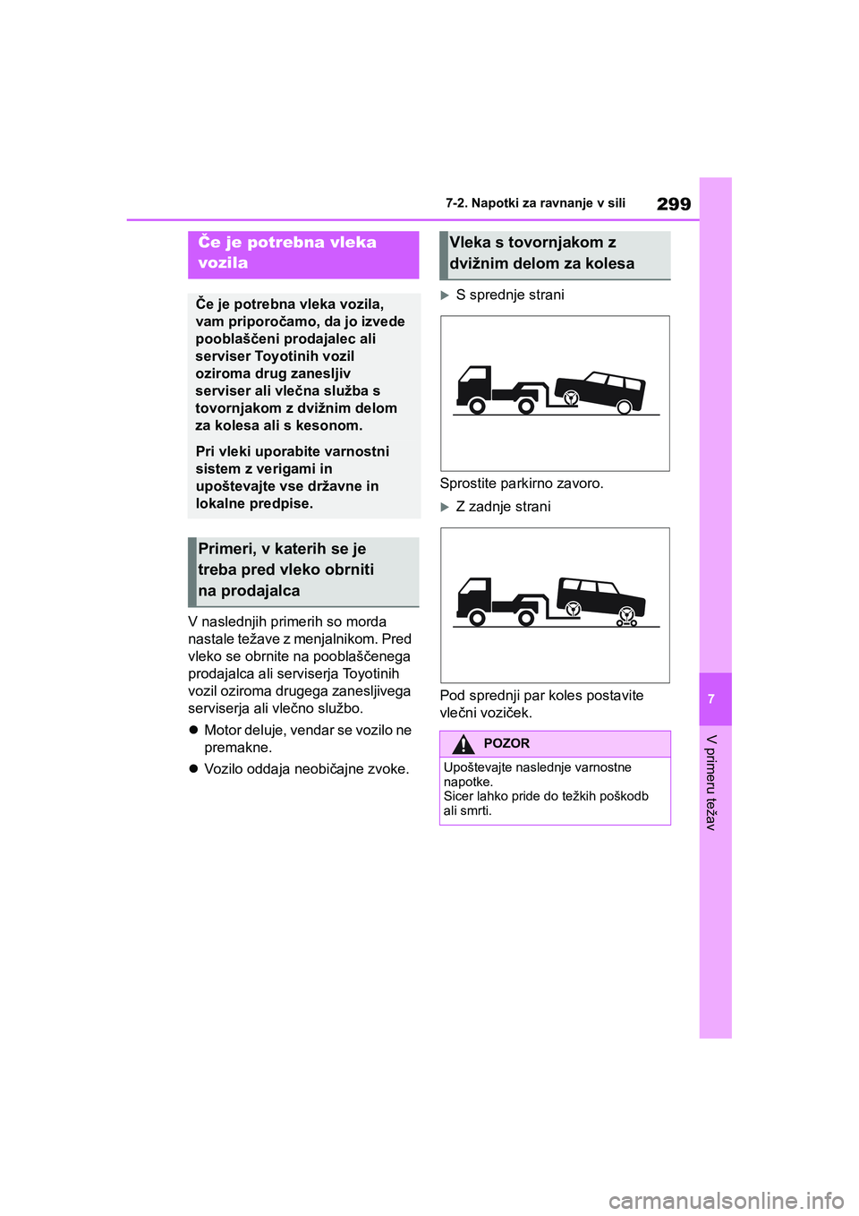 TOYOTA AYGO X 2022 Navodila Za Uporabo (in Slovenian) 299
7
Owners Manual_Europe_M99V08_en
7-2. Napotki za ravnanje v sili
V primeru težav
7-2.Napotki za ravnanje v sili
V naslednjih primerih so morda
nastale težave z menjalnikom. Pred
vleko se obrn TOYOTA AYGO X 2022 Navodila Za Uporabo (in Slovenian) 299
7
Owners Manual_Europe_M99V08_en
7-2. Napotki za ravnanje v sili
V primeru težav
7-2.Napotki za ravnanje v sili
V naslednjih primerih so morda
nastale težave z menjalnikom. Pred
vleko se obrn