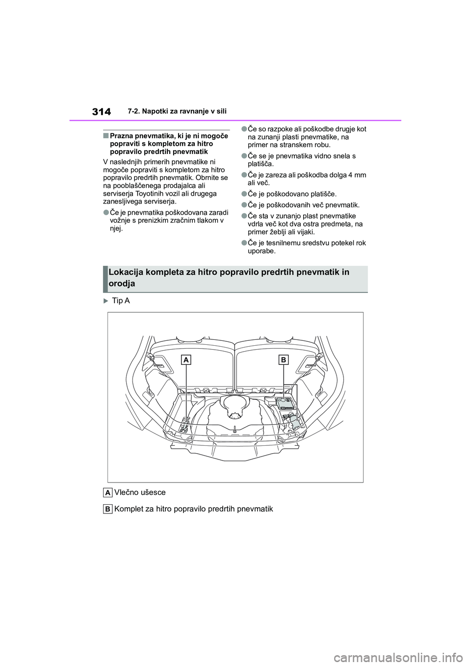 TOYOTA AYGO X 2022  Navodila Za Uporabo (in Slovenian) 314
Owners Manual_Europe_M99V08_en
7-2. Napotki za ravnanje v sili
nPrazna pnevmatika, ki je ni mogoče 
popraviti s kompletom za hitro 
popravilo predrtih pnevmatik
V naslednjih primerih pnevmatike 