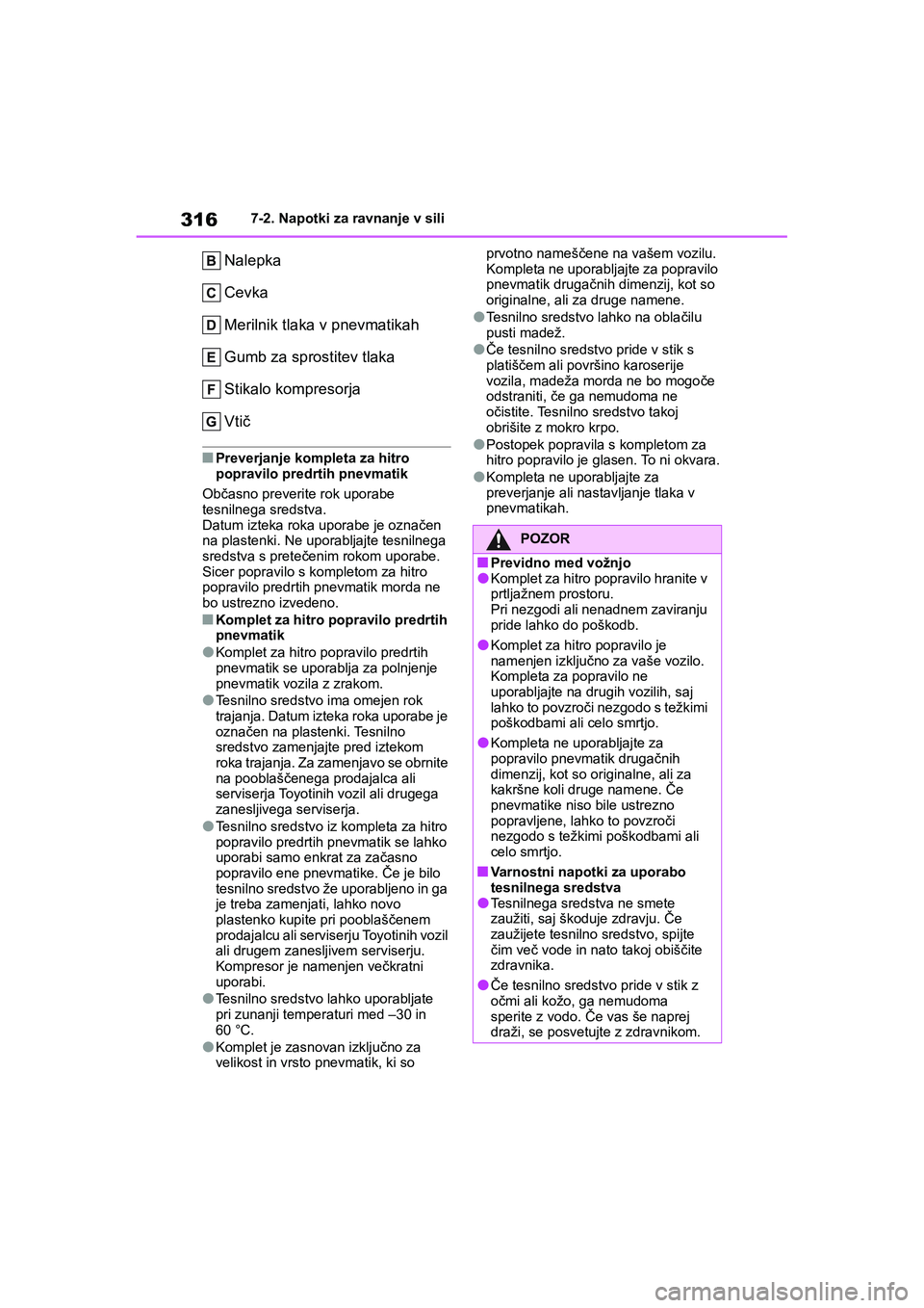 TOYOTA AYGO X 2022  Navodila Za Uporabo (in Slovenian) 316
Owners Manual_Europe_M99V08_en
7-2. Napotki za ravnanje v sili
Nalepka
Cevka
Merilnik tlaka v pnevmatikah
Gumb za sprostitev tlaka
Stikalo kompresorja
Vtič
nPreverjanje kompleta za hitro 
poprav