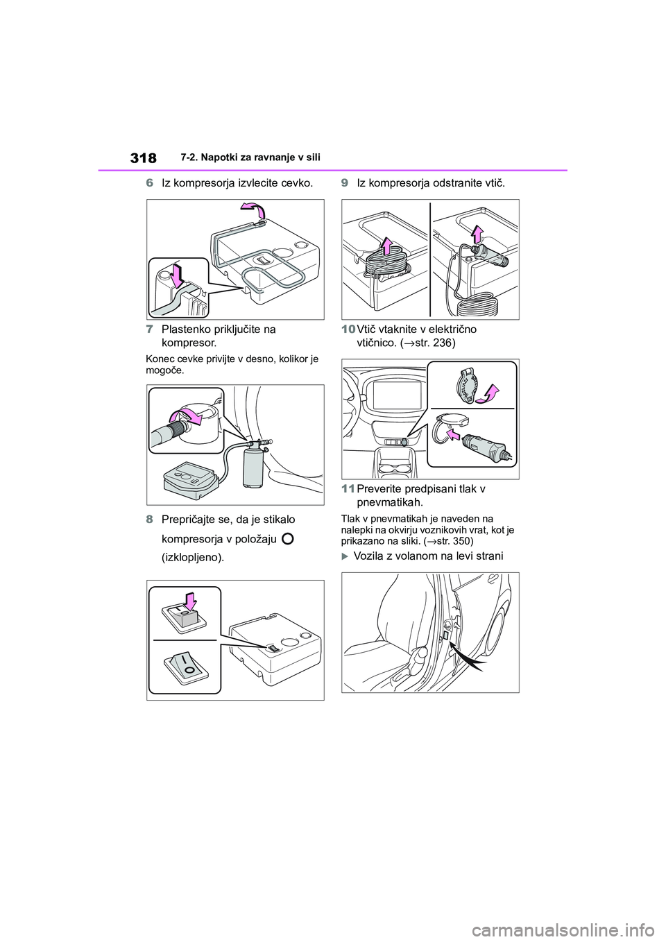 TOYOTA AYGO X 2022  Navodila Za Uporabo (in Slovenian) 318
Owners Manual_Europe_M99V08_en
7-2. Napotki za ravnanje v sili
6Iz kompresorja izvlecite cevko.
7Plastenko priključite na 
kompresor.
Konec cevke privijte v desno, kolikor je 
mogoče.
8Preprič