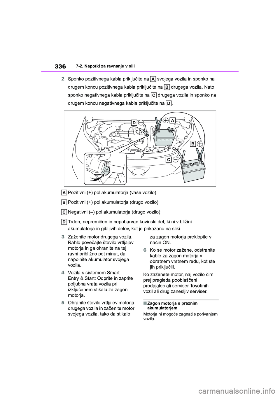 TOYOTA AYGO X 2022 Navodila Za Uporabo (in Slovenian) 336
Owners Manual_Europe_M99V08_en
7-2. Napotki za ravnanje v sili
2Sponko pozitivnega kabla priključite na svojega vozila in sponko na
drugem koncu pozitivnega kabla priključite na drugega vo TOYOTA AYGO X 2022 Navodila Za Uporabo (in Slovenian) 336
Owners Manual_Europe_M99V08_en
7-2. Napotki za ravnanje v sili
2Sponko pozitivnega kabla priključite na svojega vozila in sponko na
drugem koncu pozitivnega kabla priključite na drugega vo