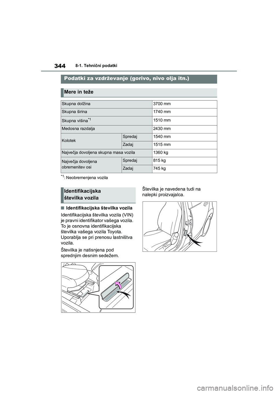 TOYOTA AYGO X 2022 Navodila Za Uporabo (in Slovenian) 344
Owners Manual_Europe_M99V08_en
8-1. Tehnični podatki
8-1.Tehnični podatki
*1: Neobremenjena vozila
nIdentifikacijska številka vozila
Identifikacijska številka vozila (VIN)
je pravni identi TOYOTA AYGO X 2022 Navodila Za Uporabo (in Slovenian) 344
Owners Manual_Europe_M99V08_en
8-1. Tehnični podatki
8-1.Tehnični podatki
*1: Neobremenjena vozila
nIdentifikacijska številka vozila
Identifikacijska številka vozila (VIN)
je pravni identi