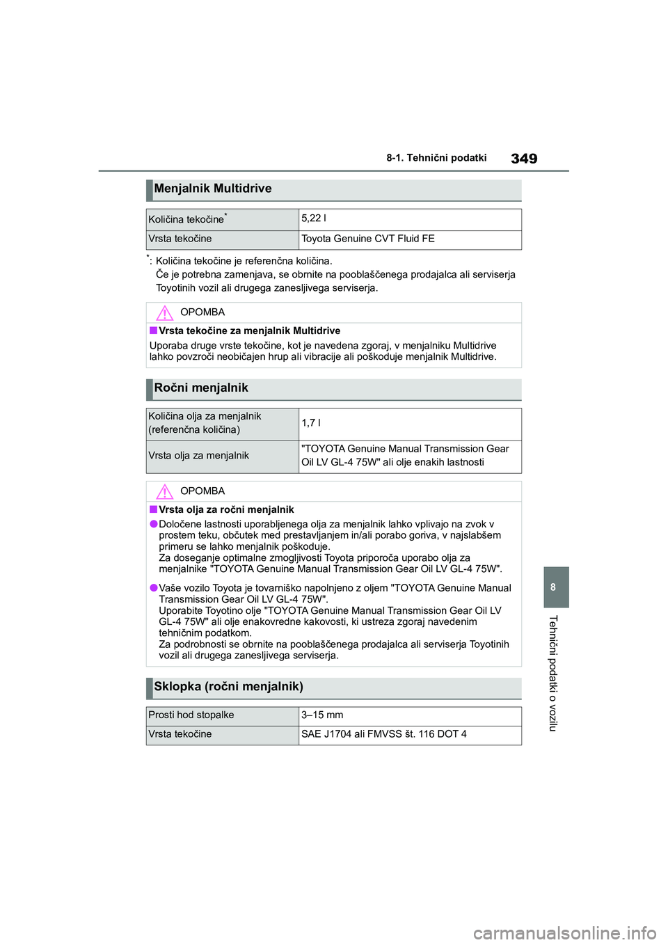 TOYOTA AYGO X 2022 Navodila Za Uporabo (in Slovenian) 349
8
Owners Manual_Europe_M99V08_en
8-1. Tehnični podatki
Tehnični podatki o vozilu
*:Količina tekočine je referenčna količina.
Če je potrebna zamenjava, se obrnite na pooblaščenega prodaja TOYOTA AYGO X 2022 Navodila Za Uporabo (in Slovenian) 349
8
Owners Manual_Europe_M99V08_en
8-1. Tehnični podatki
Tehnični podatki o vozilu
*:Količina tekočine je referenčna količina.
Če je potrebna zamenjava, se obrnite na pooblaščenega prodaja