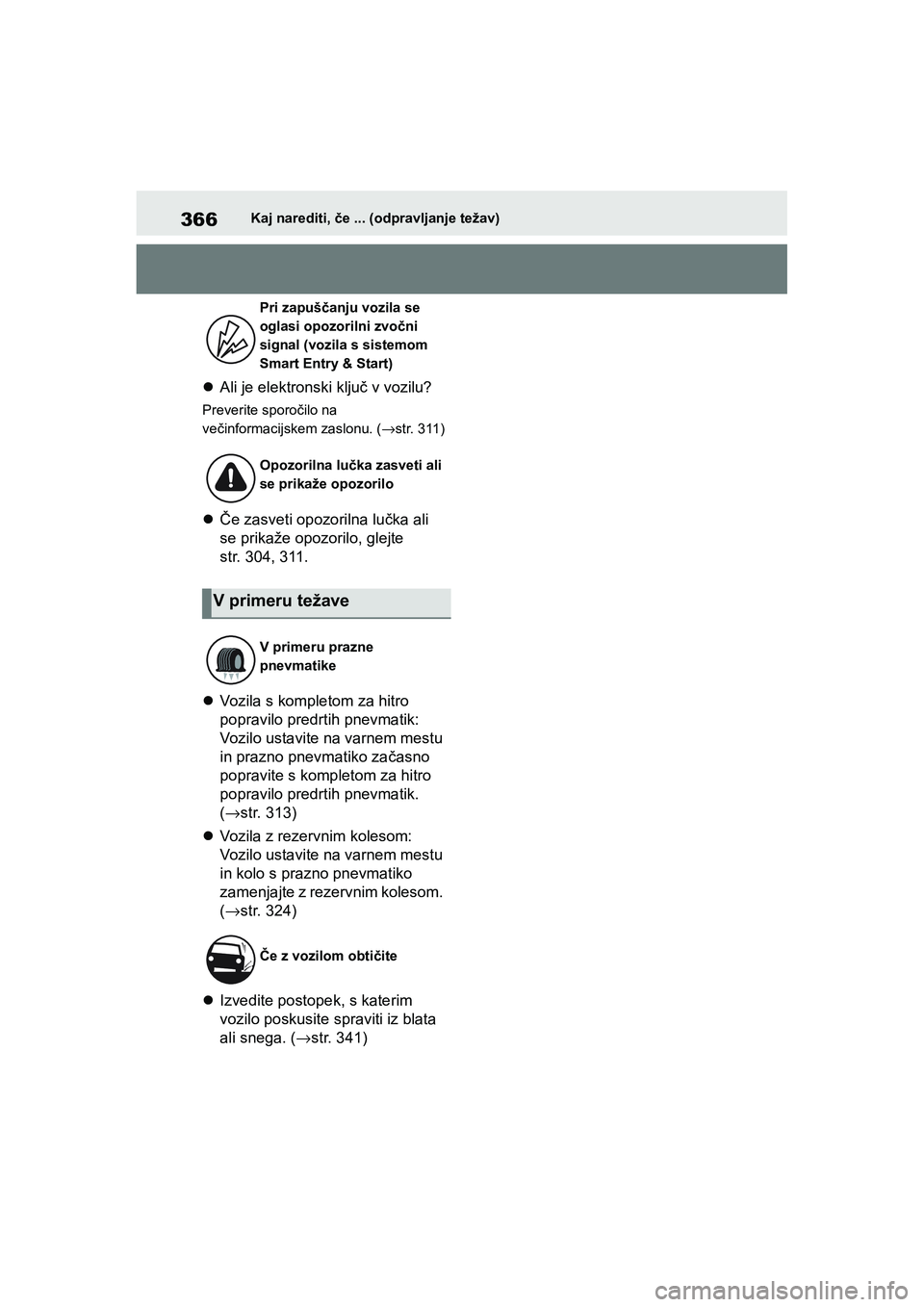 TOYOTA AYGO X 2022 Navodila Za Uporabo (in Slovenian) 366
Owners Manual_Europe_M99V08_en
Kaj narediti, če ... (odpravljanje težav)
Ali je elektronski ključ v vozilu?
Preverite sporočilo na
večinformacijskem zaslonu. (→str. 311)
Če zasveti TOYOTA AYGO X 2022 Navodila Za Uporabo (in Slovenian) 366
Owners Manual_Europe_M99V08_en
Kaj narediti, če ... (odpravljanje težav)
Ali je elektronski ključ v vozilu?
Preverite sporočilo na
večinformacijskem zaslonu. (→str. 311)
Če zasveti