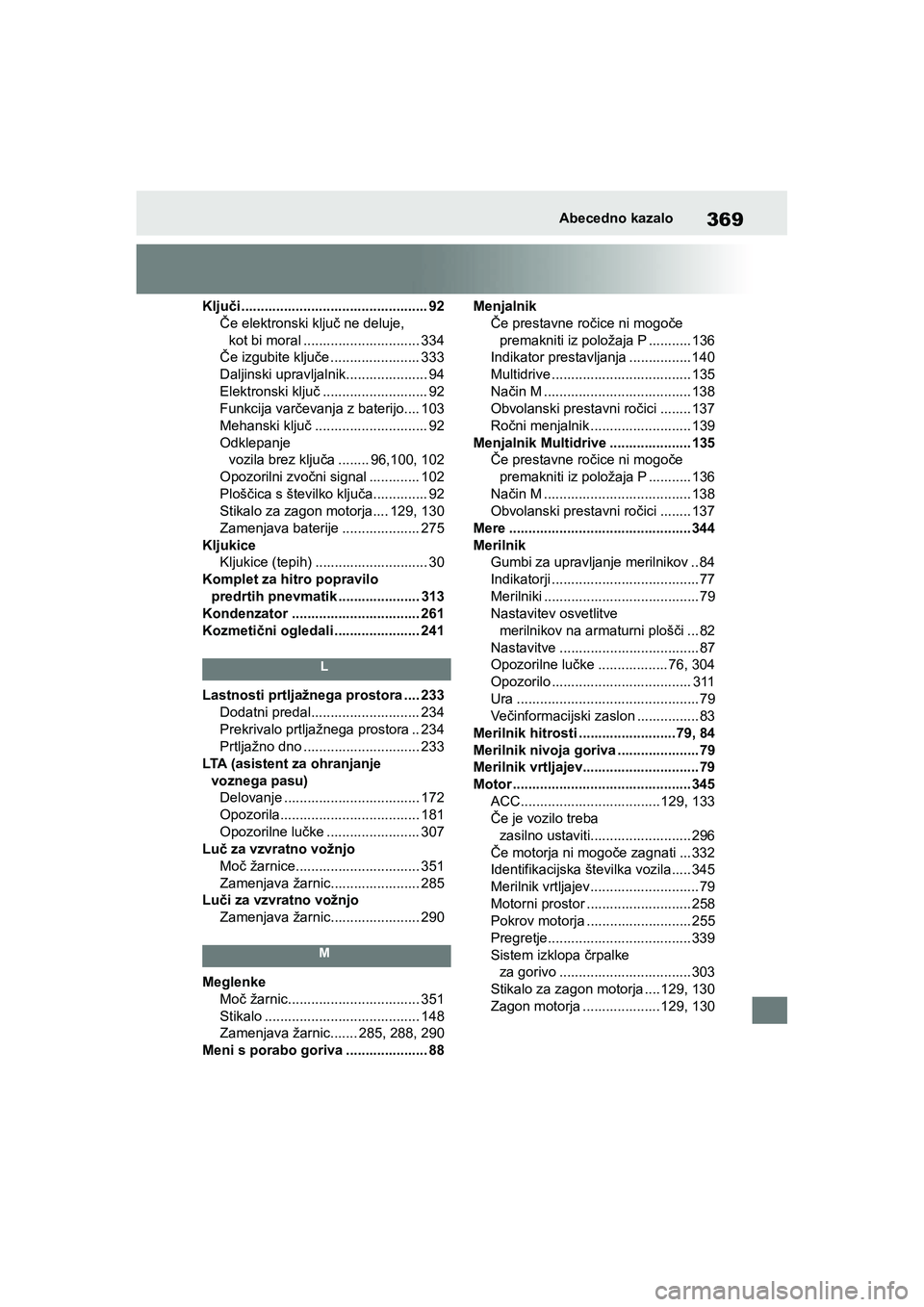 TOYOTA AYGO X 2022  Navodila Za Uporabo (in Slovenian) 369
Owners Manual_Europe_M99V08_en
Abecedno kazalo
Ključi................................................ 92
Če elektronski ključ ne deluje, 
kot bi moral .............................. 334
Če iz