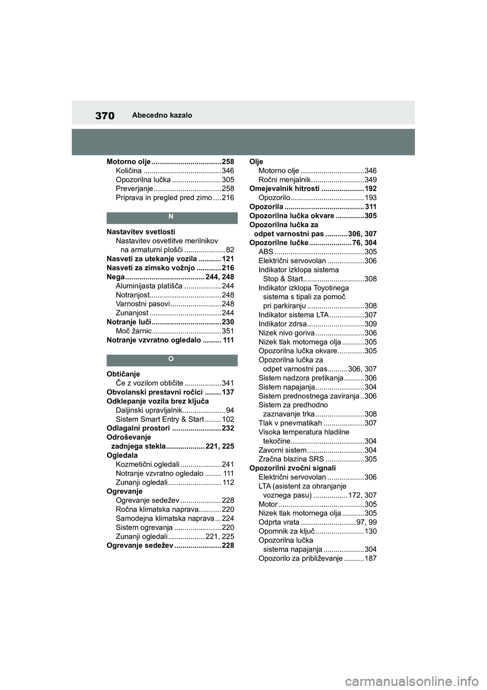 TOYOTA AYGO X 2022  Navodila Za Uporabo (in Slovenian) 370
Owners Manual_Europe_M99V08_en
Abecedno kazalo
Motorno olje .................................. 258
Količina ...................................... 346
Opozorilna lučka ........................ 