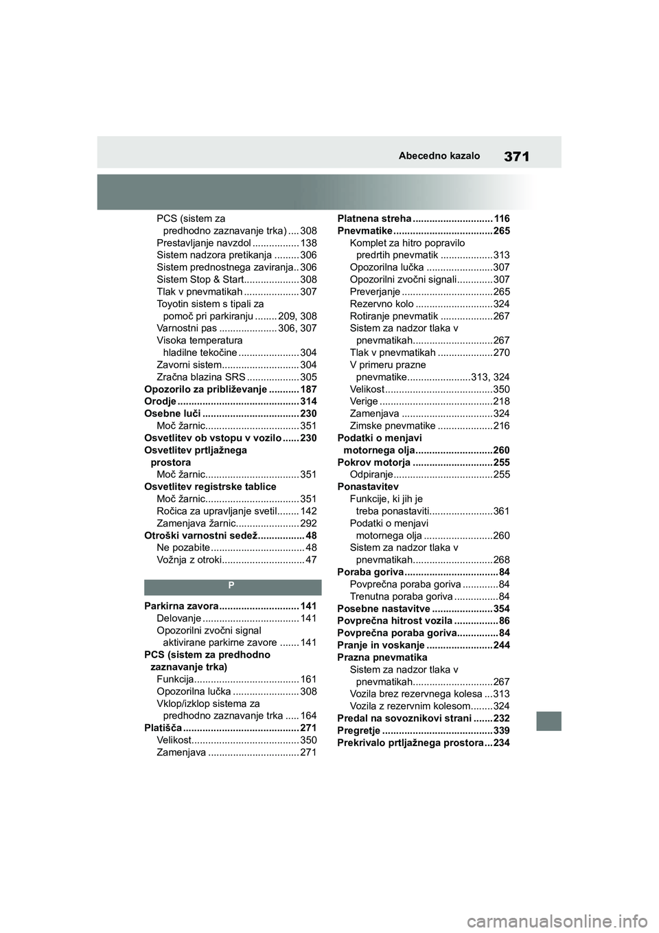 TOYOTA AYGO X 2022  Navodila Za Uporabo (in Slovenian) 371
Owners Manual_Europe_M99V08_en
Abecedno kazalo
PCS (sistem za 
predhodno zaznavanje trka) .... 308
Prestavljanje navzdol ................. 138
Sistem nadzora pretikanja ......... 306
Sistem predn