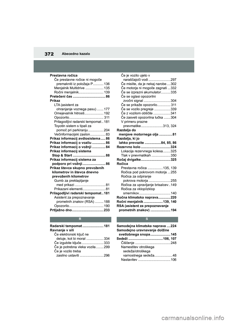 TOYOTA AYGO X 2022  Navodila Za Uporabo (in Slovenian) 372
Owners Manual_Europe_M99V08_en
Abecedno kazalo
Prestavna ročica
Če prestavne ročice ni mogoče 
premakniti iz položaja P ........... 136
Menjalnik Multidrive ................... 135
Ročni me