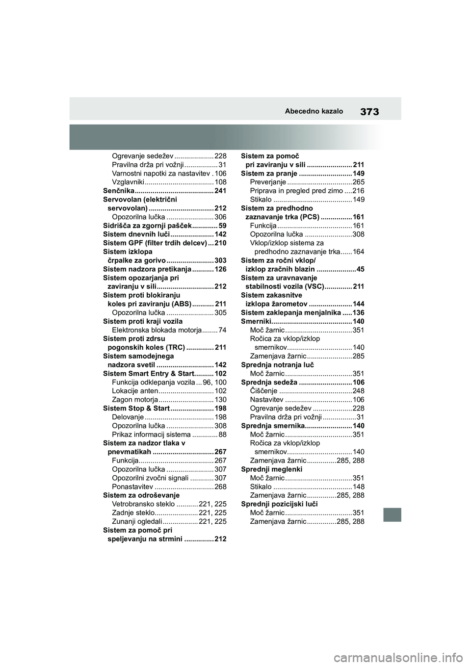 TOYOTA AYGO X 2022  Navodila Za Uporabo (in Slovenian) 373
Owners Manual_Europe_M99V08_en
Abecedno kazalo
Ogrevanje sedežev .................... 228
Pravilna drža pri vožnji ................. 31
Varnostni napotki za nastavitev . 106
Vzglavniki .......