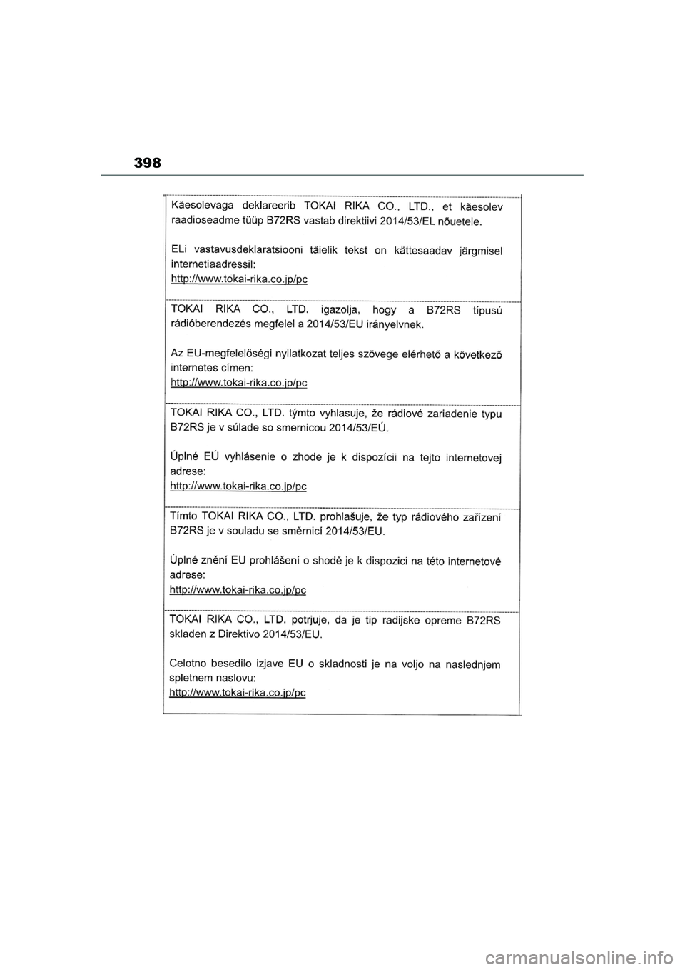 TOYOTA AYGO X 2022  Navodila Za Uporabo (in Slovenian) 398
Owners Manual_Europe_M99V08_en
Aygo_X_OM_Europe_OM99V08E.book  Page 398  Tuesday, March 15, 2022  12:55 PM 