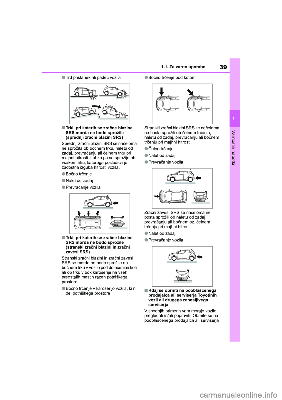 TOYOTA AYGO X 2022  Navodila Za Uporabo (in Slovenian) 39
1
Owners Manual_Europe_M99V08_en
1-1. Za varno uporabo
Varnostni napotki
lTrd pristanek ali padec vozila
nTrki, pri katerih se zračne blazine 
SRS morda ne bodo sprožile 
(sprednji zračni blazi