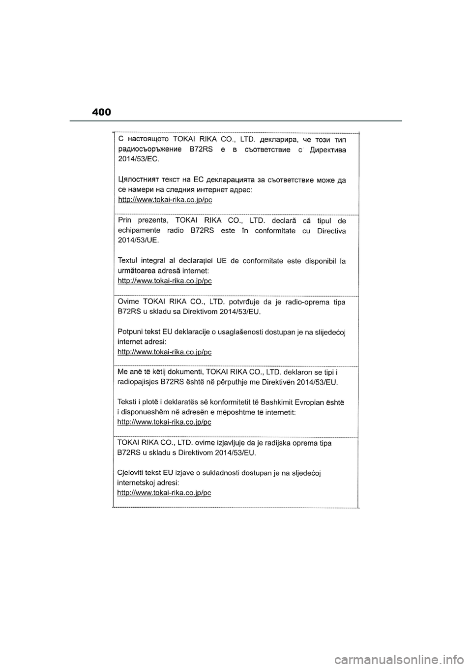 TOYOTA AYGO X 2022  Navodila Za Uporabo (in Slovenian) 400
Owners Manual_Europe_M99V08_en
Aygo_X_OM_Europe_OM99V08E.book  Page 400  Tuesday, March 15, 2022  12:55 PM 