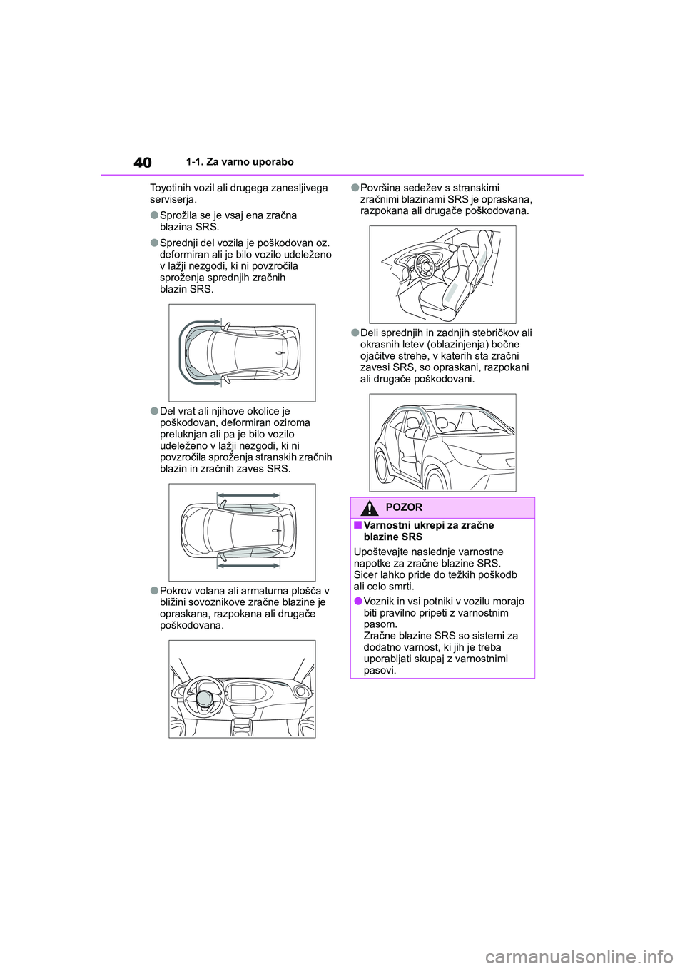 TOYOTA AYGO X 2022  Navodila Za Uporabo (in Slovenian) 40
Owners Manual_Europe_M99V08_en
1-1. Za varno uporabo
Toyotinih vozil ali drugega zanesljivega 
serviserja.
lSprožila se je vsaj ena zračna 
blazina SRS.
lSprednji del vozila je poškodovan oz. 
