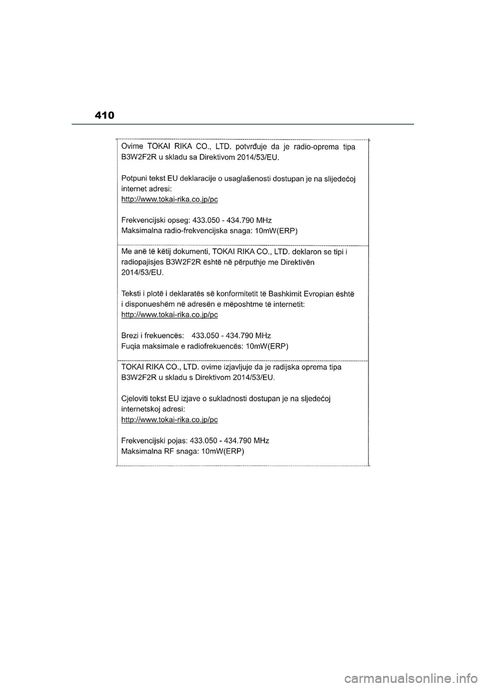 TOYOTA AYGO X 2022  Navodila Za Uporabo (in Slovenian) 410
Owners Manual_Europe_M99V08_en
Aygo_X_OM_Europe_OM99V08E.book  Page 410  Tuesday, March 15, 2022  12:55 PM 