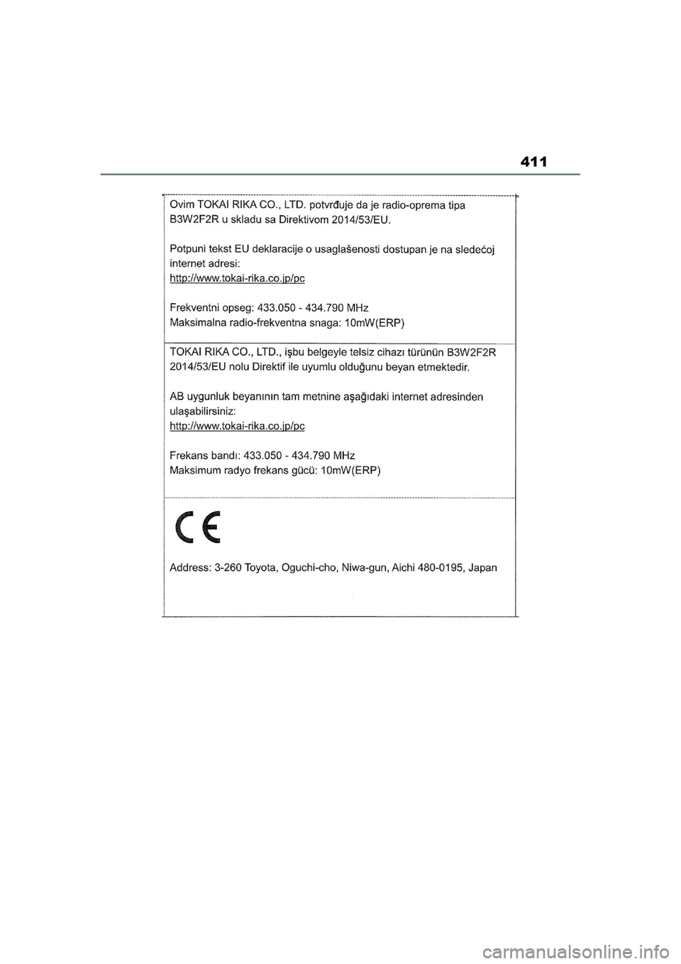 TOYOTA AYGO X 2022  Navodila Za Uporabo (in Slovenian) 411
Owners Manual_Europe_M99V08_en
Aygo_X_OM_Europe_OM99V08E.book  Page 411  Tuesday, March 15, 2022  12:55 PM 