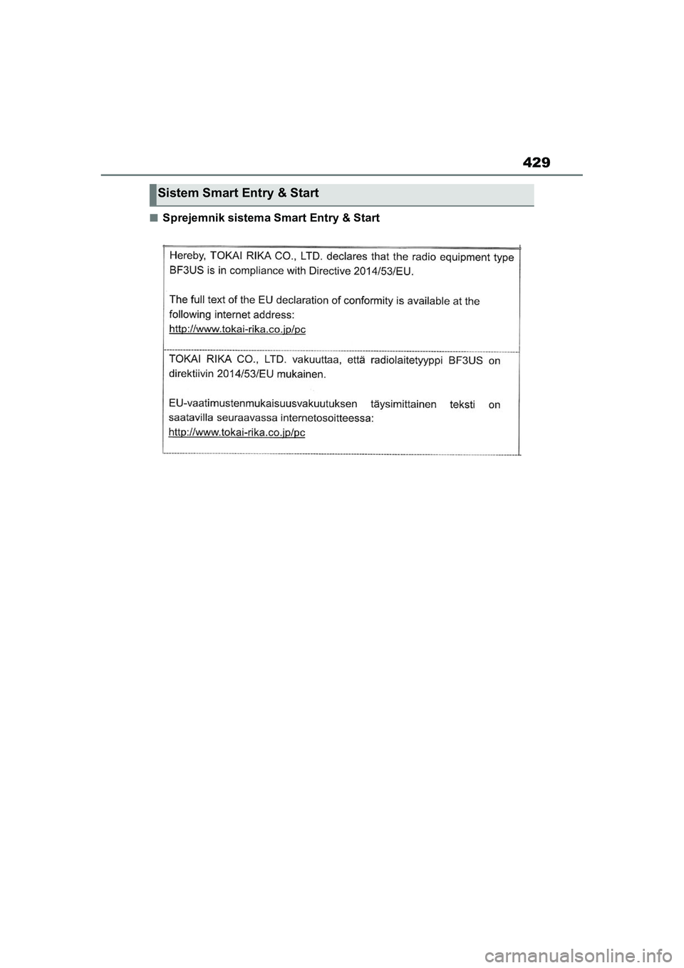 TOYOTA AYGO X 2022  Navodila Za Uporabo (in Slovenian) 429
Owners Manual_Europe_M99V08_en
nSprejemnik sistema Smart Entry & Start
Sistem Smart Entry & Start
Aygo_X_OM_Europe_OM99V08E.book  Page 429  Tuesday, March 15, 2022  12:55 PM 