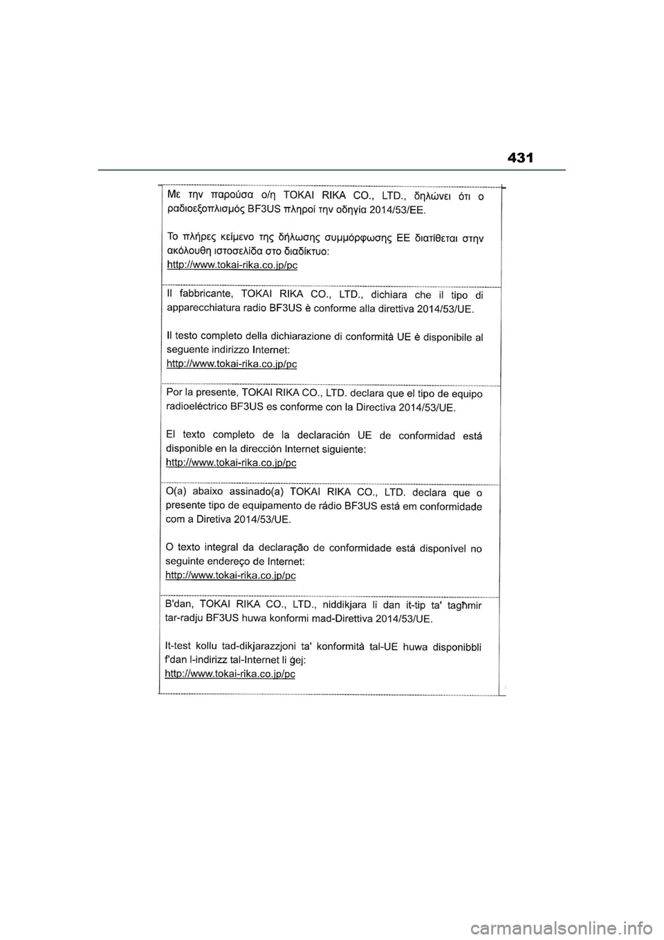 TOYOTA AYGO X 2022  Navodila Za Uporabo (in Slovenian) 431
Owners Manual_Europe_M99V08_en
Aygo_X_OM_Europe_OM99V08E.book  Page 431  Tuesday, March 15, 2022  12:55 PM 