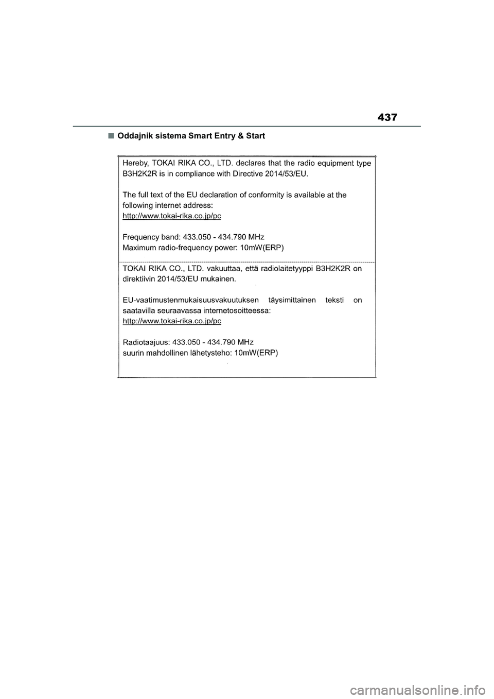 TOYOTA AYGO X 2022  Navodila Za Uporabo (in Slovenian) 437
Owners Manual_Europe_M99V08_en
nOddajnik sistema Smart Entry & Start
Aygo_X_OM_Europe_OM99V08E.book  Page 437  Tuesday, March 15, 2022  12:55 PM 