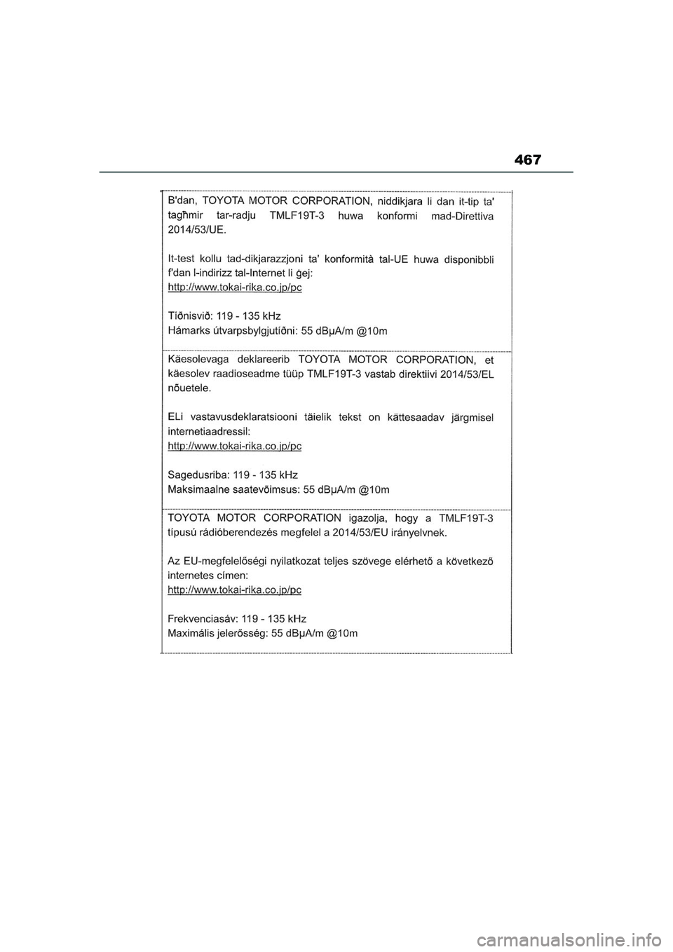 TOYOTA AYGO X 2022  Navodila Za Uporabo (in Slovenian) 467
Owners Manual_Europe_M99V08_en
Aygo_X_OM_Europe_OM99V08E.book  Page 467  Tuesday, March 15, 2022  12:55 PM 