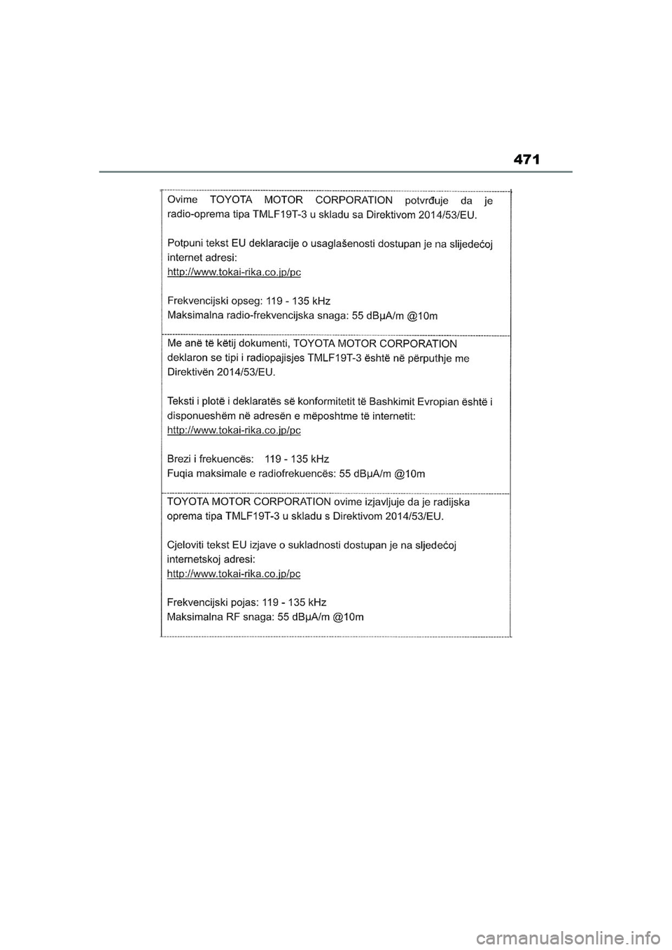 TOYOTA AYGO X 2022  Navodila Za Uporabo (in Slovenian) 471
Owners Manual_Europe_M99V08_en
Aygo_X_OM_Europe_OM99V08E.book  Page 471  Tuesday, March 15, 2022  12:55 PM 
