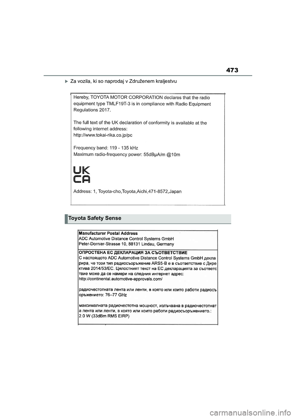 TOYOTA AYGO X 2022  Navodila Za Uporabo (in Slovenian) 473
Owners Manual_Europe_M99V08_en
Za vozila, ki so naprodaj v Združenem kraljestvu
Toyota Safety Sense
Aygo_X_OM_Europe_OM99V08E.book  Page 473  Tuesday, March 15, 2022  12:55 PM 