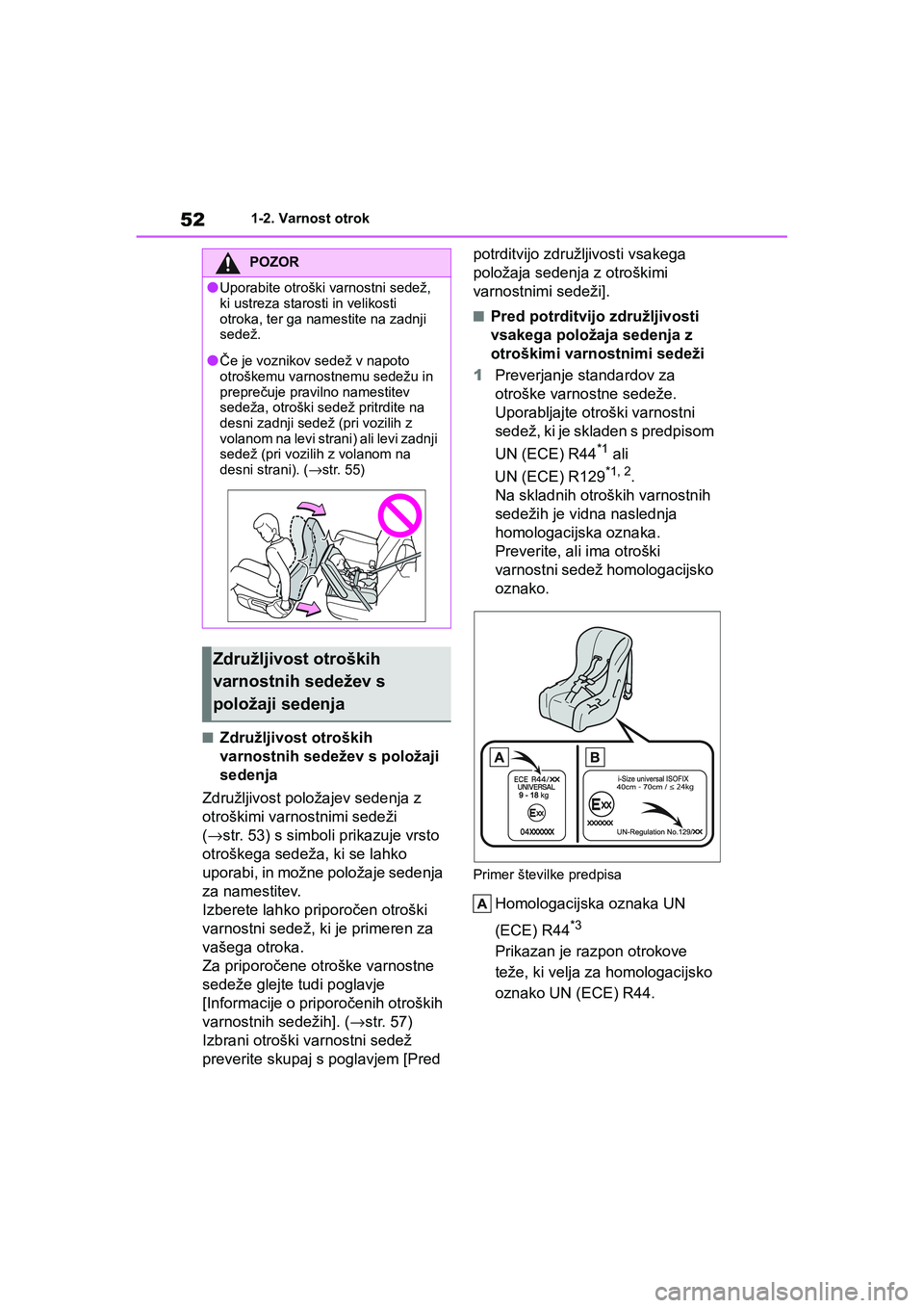 TOYOTA AYGO X 2022  Navodila Za Uporabo (in Slovenian) 52
Owners Manual_Europe_M99V08_en
1-2. Varnost otrok
nZdružljivost otroških 
varnostnih sedežev s položaji 
sedenja
Združljivost položajev sedenja z 
otroškimi varnostnimi sedeži 
(→str. 53
