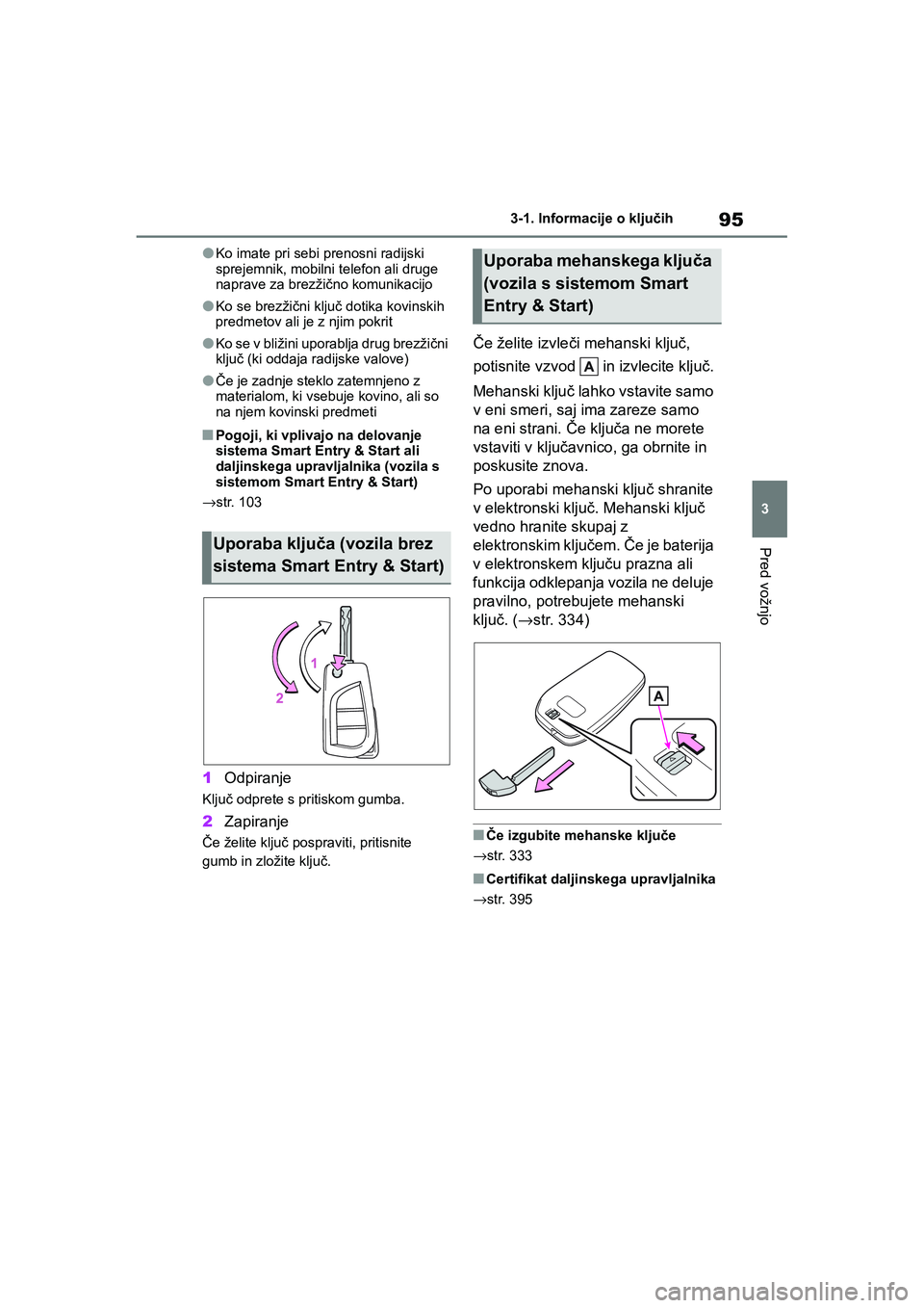 TOYOTA AYGO X 2022 Navodila Za Uporabo (in Slovenian) 95
3
Owners Manual_Europe_M99V08_en
3-1. Informacije o ključih
Pred vožnjo
lKo imate pri sebi prenosni radijski
sprejemnik, mobilni telefon ali druge
naprave za brezžično komunikacijo
lKo se br TOYOTA AYGO X 2022 Navodila Za Uporabo (in Slovenian) 95
3
Owners Manual_Europe_M99V08_en
3-1. Informacije o ključih
Pred vožnjo
lKo imate pri sebi prenosni radijski
sprejemnik, mobilni telefon ali druge
naprave za brezžično komunikacijo
lKo se br