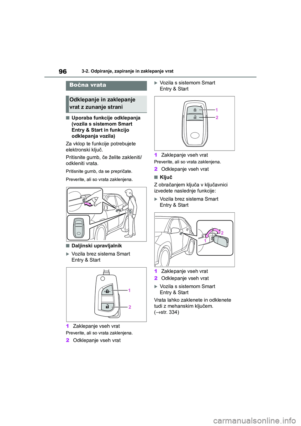 TOYOTA AYGO X 2022 Navodila Za Uporabo (in Slovenian) 96
Owners Manual_Europe_M99V08_en
3-2. Odpiranje, zapiranje in zaklepanje vrat
3-2.Odpiranje, zapiranje in zaklepanje vrat
nUporaba funkcije odklepanja
(vozila s sistemom Smart
Entry & Start in fun TOYOTA AYGO X 2022 Navodila Za Uporabo (in Slovenian) 96
Owners Manual_Europe_M99V08_en
3-2. Odpiranje, zapiranje in zaklepanje vrat
3-2.Odpiranje, zapiranje in zaklepanje vrat
nUporaba funkcije odklepanja
(vozila s sistemom Smart
Entry & Start in fun