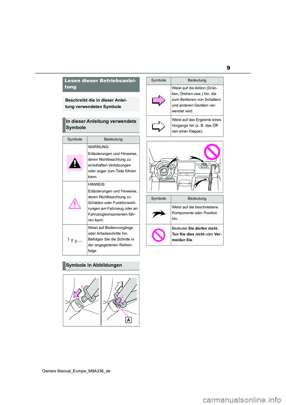 TOYOTA BZ4X 2022 Betriebsanleitungen (in German) 9
Owners Manual_Europe_M9A336_de
Lesen dieser Betriebsanlei-
tung
Beschreibt die in dieser Anlei-
tung verwendeten Symbole
In dieser Anleitung verwendete
Symbole
SymboleBedeutung
WARNUNG:
Erläut TOYOTA BZ4X 2022 Betriebsanleitungen (in German) 9
Owners Manual_Europe_M9A336_de
Lesen dieser Betriebsanlei-
tung
Beschreibt die in dieser Anlei-
tung verwendeten Symbole
In dieser Anleitung verwendete
Symbole
SymboleBedeutung
WARNUNG:
Erläut