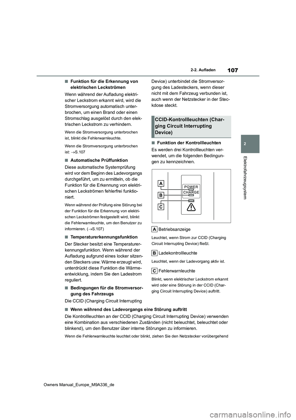 TOYOTA BZ4X 2022 Betriebsanleitungen (in German) 107
2
Owners Manual_Europe_M9A336_de
2-2. Aufladen
Elektrofahrzeugsystem
■Funktion für die Erkennung von
elektrischen Leckströmen
Wenn während der Aufladung elektri-
scher Leckstrom erkannt w TOYOTA BZ4X 2022 Betriebsanleitungen (in German) 107
2
Owners Manual_Europe_M9A336_de
2-2. Aufladen
Elektrofahrzeugsystem
■Funktion für die Erkennung von
elektrischen Leckströmen
Wenn während der Aufladung elektri-
scher Leckstrom erkannt w