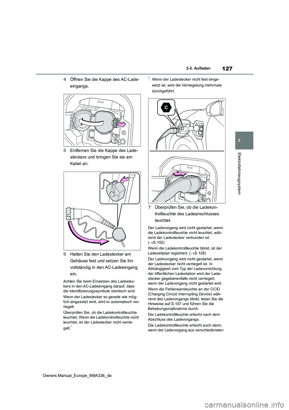 TOYOTA BZ4X 2022 Betriebsanleitungen (in German) 127
2
Owners Manual_Europe_M9A336_de
2-2. Aufladen
Elektrofahrzeugsystem
4Öffnen Sie die Kappe des AC-Lade-
eingangs.
5 Entfernen Sie die Kappe des Lade-
steckers und bringen Sie sie am
Kabel an TOYOTA BZ4X 2022 Betriebsanleitungen (in German) 127
2
Owners Manual_Europe_M9A336_de
2-2. Aufladen
Elektrofahrzeugsystem
4Öffnen Sie die Kappe des AC-Lade-
eingangs.
5 Entfernen Sie die Kappe des Lade-
steckers und bringen Sie sie am
Kabel an