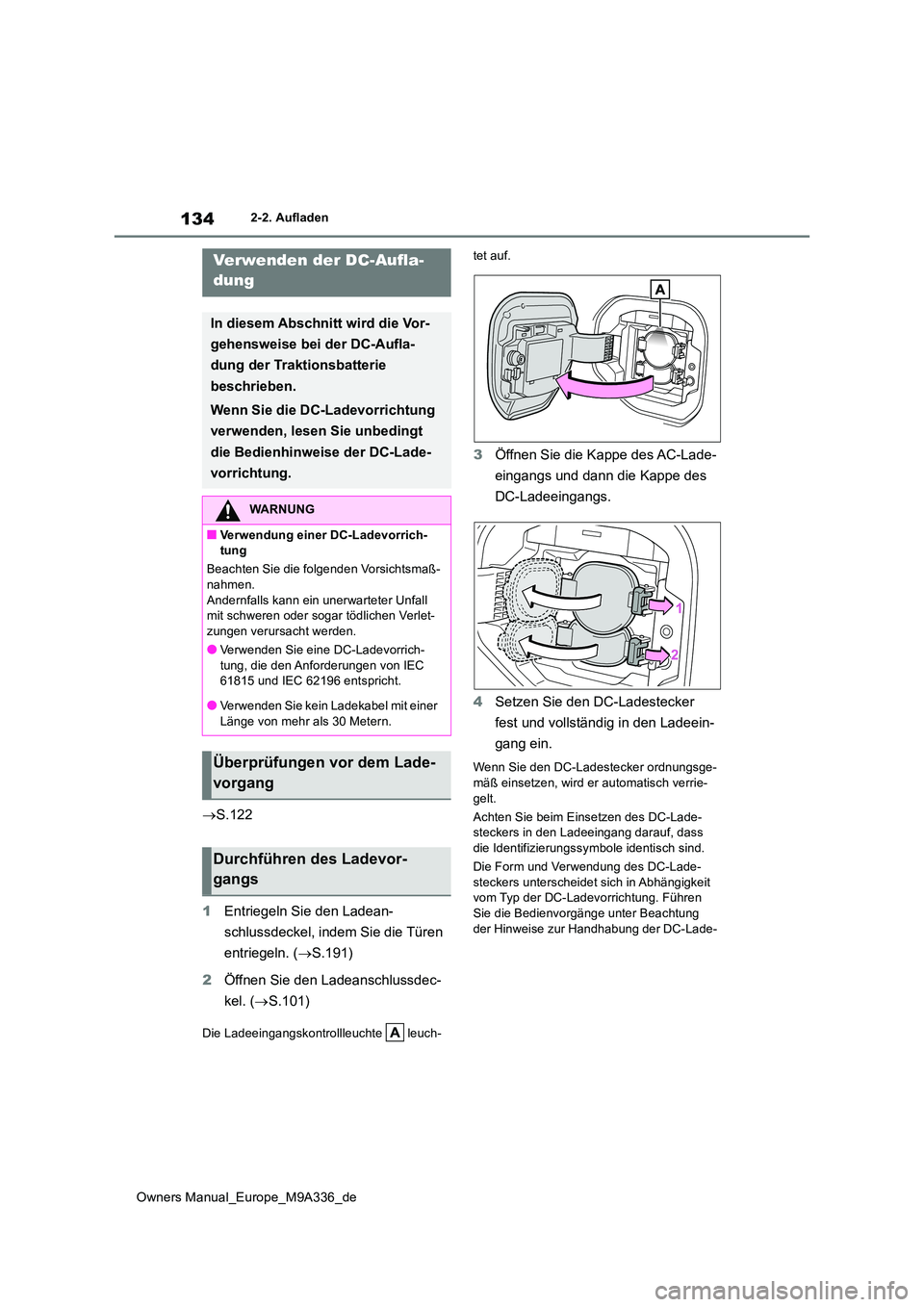 TOYOTA BZ4X 2022 Betriebsanleitungen (in German) 134
Owners Manual_Europe_M9A336_de
2-2. Aufladen
S.122
1 Entriegeln Sie den Ladean-
schlussdeckel, indem Sie die Türen
entriegeln. ( S.191)
2 Öffnen Sie den Ladeanschlussdec-
kel. ( S TOYOTA BZ4X 2022 Betriebsanleitungen (in German) 134
Owners Manual_Europe_M9A336_de
2-2. Aufladen
S.122
1 Entriegeln Sie den Ladean-
schlussdeckel, indem Sie die Türen
entriegeln. ( S.191)
2 Öffnen Sie den Ladeanschlussdec-
kel. ( S