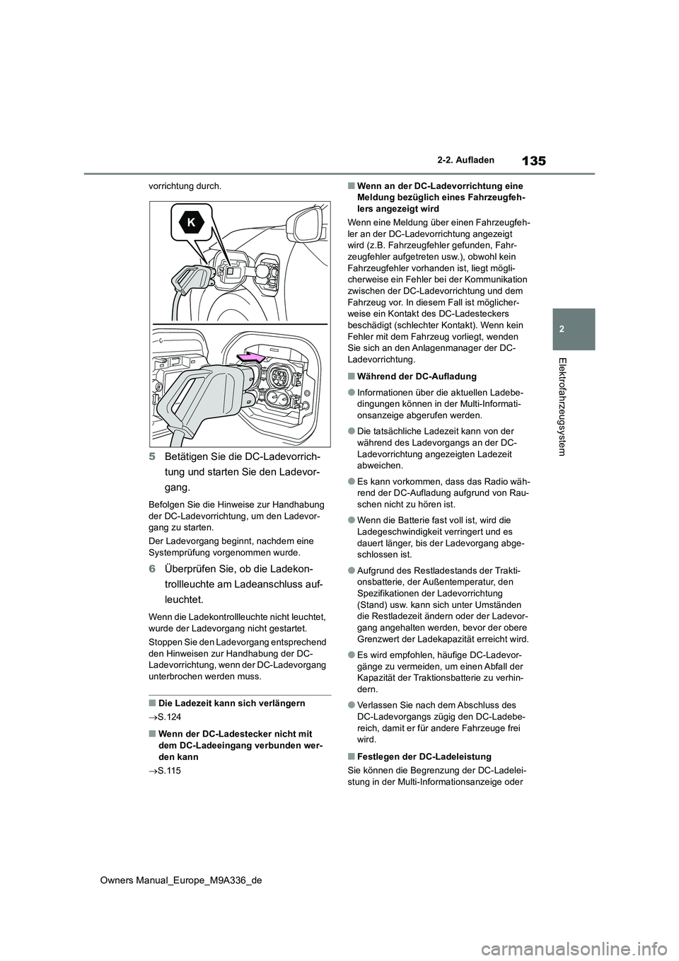 TOYOTA BZ4X 2022 Betriebsanleitungen (in German) 135
2
Owners Manual_Europe_M9A336_de
2-2. Aufladen
Elektrofahrzeugsystem
vorrichtung durch.
5Betätigen Sie die DC-Ladevorrich-
tung und starten Sie den Ladevor-
gang.
Befolgen Sie die Hinweise zur TOYOTA BZ4X 2022 Betriebsanleitungen (in German) 135
2
Owners Manual_Europe_M9A336_de
2-2. Aufladen
Elektrofahrzeugsystem
vorrichtung durch.
5Betätigen Sie die DC-Ladevorrich-
tung und starten Sie den Ladevor-
gang.
Befolgen Sie die Hinweise zur