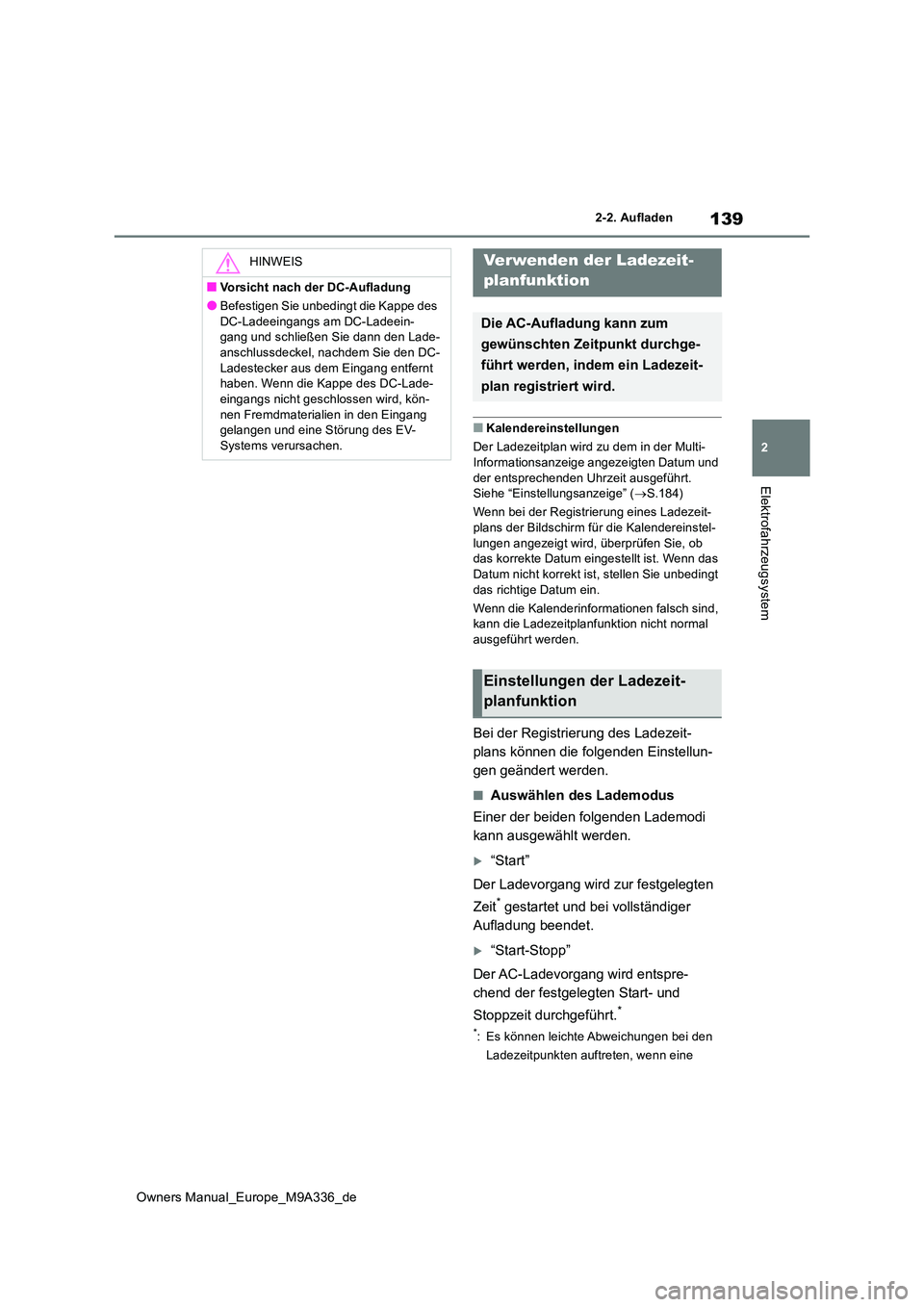TOYOTA BZ4X 2022  Betriebsanleitungen (in German) 139
2
Owners Manual_Europe_M9A336_de
2-2. Aufladen
Elektrofahrzeugsystem
■Kalendereinstellungen 
Der Ladezeitplan wird zu dem in der Multi- 
Informationsanzeige angezeigten Datum und  der entspreche